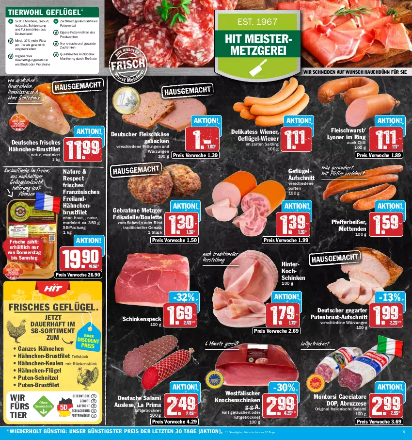 Aktueller Prospekt Hit - Prospekte - von 17.07 bis 22.07.2023 - strona 5 - produkty: ACC, auer, aufschnitt, Bau, Bauer, bio, braten, brustfilet, chili, dell, eis, elle, ente, filet, fleisch, fleischkäse, fleischwurst, geback, Geflügel, gin, hähnchen-brustfilet, hinterkochschinken, im zarten saitling, Käse, kochschinken, lyoner, Meister, Mett, metten, Mettenden, monitor, montorsi, natur, nuss, pfeffer, Pfefferbeißer, pflanze, pflanzen, pute, putenbrust, reis, Ria, rind, ring, salami, schinken, schinkenspeck, schnitzel, schwein, Speck, ssd, Ti, Tiere, wein, wiener, wurst, Yo, ZTE