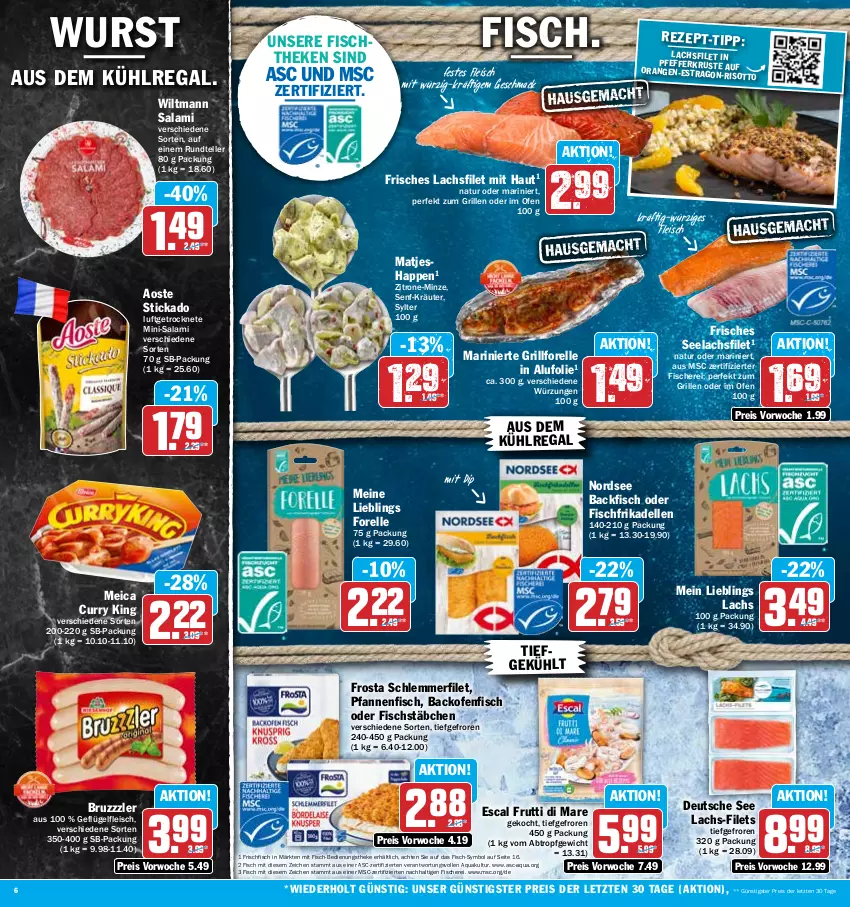 Aktueller Prospekt Hit - Prospekte - von 17.07 bis 22.07.2023 - strona 6 - produkty: aoste stickado, aqua, aus dem kühlregal, backfisch, backofen, bruzzzler, curry, dell, dip, eis, elle, escal, filet, filets, fisch, fische, Fischer, fischstäbchen, fischtheke, fleisch, forelle, frikadellen, frischfisch, frosta, frutti di mare, Geflügel, grill, kräuter, kühlregal, lachs, lachsfilet, mac, matjes, meica, Mini-Salami, minze, natur, Nordsee, Ofen, orange, orangen, pfanne, pfannen, pfeffer, regal, reis, rel, salami, Schere, schlemmerfilet, seelachsfilet, senf, stickado, Sylter, teller, Ti, wiltmann, wurst, zitrone, ZTE