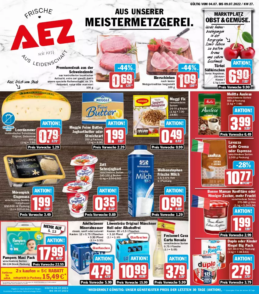 Aktueller Prospekt Aez - Prospekte - von 04.07 bis 09.07.2022 - strona 1 - produkty: adelholzener, alkohol, Alwa, Bau, Becher, beutel, bier, bierschinken, bonne maman, butter, caffè crema, Cava, coupon, duplo, eis, elle, espresso, flasche, freixenet, frische milch, frucht, gin, glasflasche, holländischer schnittkäse, Holz, joghur, joghurt, Käse, Kinder, kinder riegel, kirsch, kirsche, kirschen, konfitüre, lavazza, leerdammer, mac, maggi, maggi fix, mam, meggle, Meister, melitta, milch, mineralwasser, mövenpick, mövenpick eis, natur, nuss, obst, oder espresso, pampers, reis, rel, riegel, sahne, Sahnejoghurt, schinken, schnittkäse, schwein, schweine, Spezi, steak, Streichzart, Ti, Tiere, trolli, wasser, weihenstephan, wein, weine, zott, ZTE, zucker