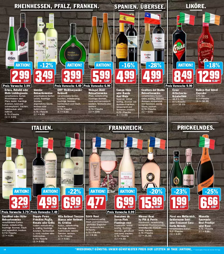 Aktueller Prospekt Aez - Prospekte - von 04.07 bis 09.07.2022 - strona 14 - produkty: baileys, bio, brut, burgunder, campo viejo, Cava, doppio passo, eis, ente, finesse, flasche, freixenet, frucht, früchte, früchten, fürst von metternich, geldermann, grill, grillo, gsw, kabinett, käfer, kräuter, kräuterlikör, likör, merl, Mett, metternich, mionetto, passo, primitivo, puma, rebsortenweine, reis, rioja, rosato, saft, sekt, spumante, Ti, tisch, velvet, wein, weine, Weißburgunder, Wild, ZTE