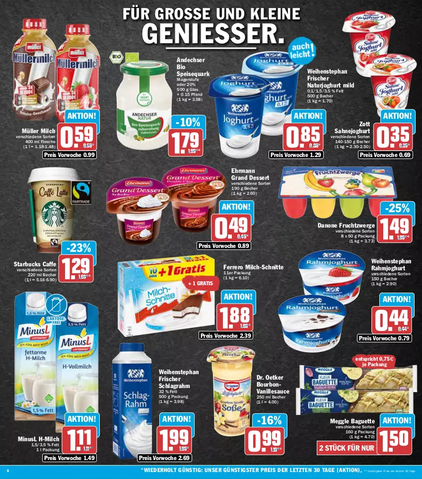 Aktueller Prospekt Aez - Prospekte - von 04.07 bis 09.07.2022 - strona 8 - produkty: baguette, Becher, bio, bourbon, bourbonvanille, caffe, danone, danone fruchtzwerge, dessert, Dr. Oetker, ehrmann, Ehrmann Grand Dessert, eis, ferrero, flasche, frucht, fruchtzwerge, joghur, joghurt, joghurt mild, leine, meggle, milch, milch-schnitte, Müller, natur, naturjoghurt, quark, rahmjoghurt, reis, sahne, Sahnejoghurt, sauce, schlagrahm, speisequark, starbucks, Ti, vanille, Vanillesauce, weihenstephan, zott, ZTE