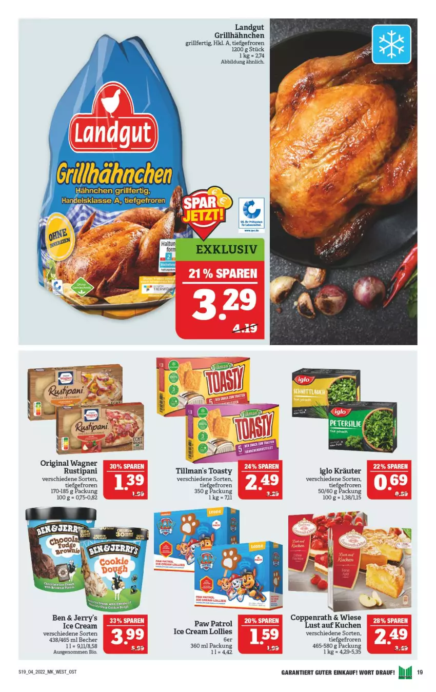 Aktueller Prospekt Marktkauf - Prospekt - von 23.01 bis 29.01.2022 - strona 23 - produkty: Becher, bio, coppenrath, grill, grillhähnchen, iglo, kräuter, kuchen, landgut, Lust auf Kuchen, Paw Patrol, rustipani, Ti, Tillman's, toast, toasty, wagner