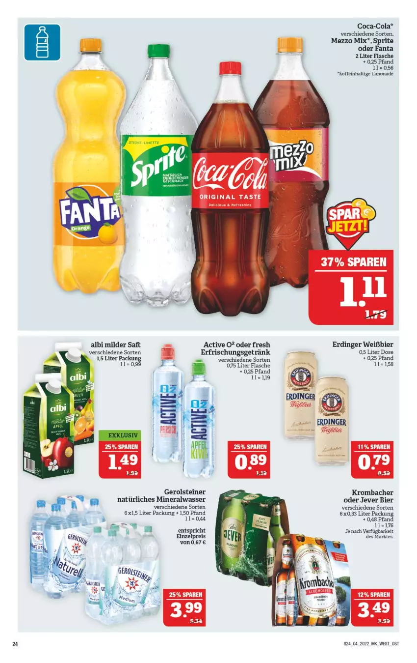 Aktueller Prospekt Marktkauf - Prospekt - von 23.01 bis 29.01.2022 - strona 28 - produkty: Alwa, bier, coca-cola, cola, eis, erdinger, erfrischungsgetränk, flasche, gerolsteine, gerolsteiner, getränk, gin, jever, krombache, krombacher, limo, limonade, Mezzo Mix, mineralwasser, natürliches mineralwasser, reis, sprite, steiner, Ti, wasser