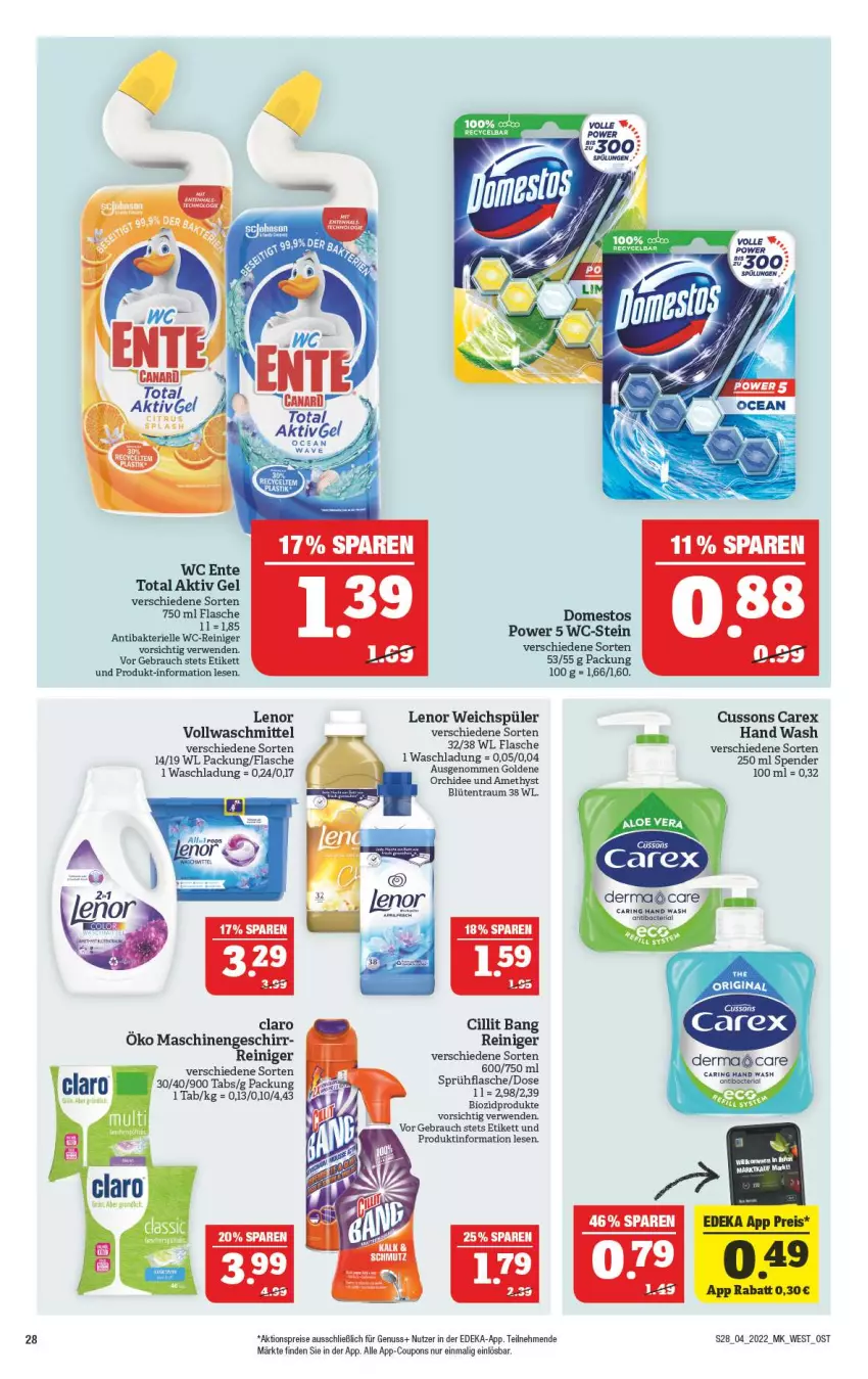 Aktueller Prospekt Marktkauf - Prospekt - von 23.01 bis 29.01.2022 - strona 32 - produkty: aktionspreis, aktiv gel, aloe vera, bio, biozidprodukte, Blüte, Cillit, cillit bang, coupon, coupons, deka, domestos, eis, elle, ente, flasche, geschirr, lenor, lenor weichspüler, nuss, orchidee, Rauch, reiniger, reis, Ria, ring, rwe, sprühflasche, Ti, vollwaschmittel, waschmittel, wc ente, wc-reiniger, weichspüler