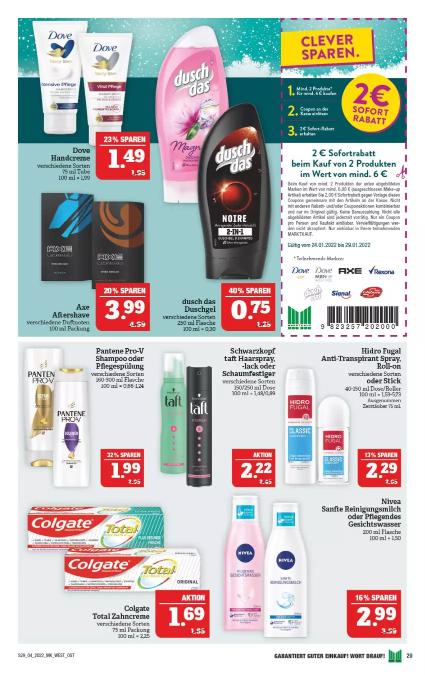 Aktueller Prospekt Marktkauf - Prospekt - von 23.01 bis 29.01.2022 - strona 33 - produkty: axe, colgate, colgate total, coupon, coupons, creme, dove, flasche, Gesichtswasser, gin, haarspray, LG, Make-up, milch, nivea, pantene, pantene pro-v, Pflegespülung, pro-v, Reinigung, Reinigungsmilch, rexona, roll-on, Roller, schaumfestiger, schwarzkop, schwarzkopf, shampoo, sofort-rabatt, sofortrabatt, spülung, Taft, Ti, wasser, zahncreme