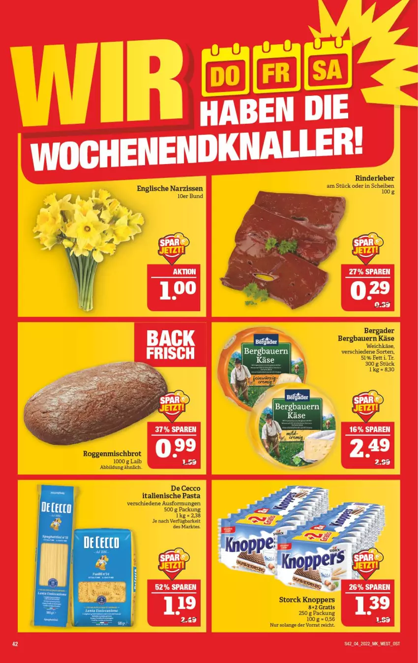 Aktueller Prospekt Marktkauf - Prospekt - von 23.01 bis 29.01.2022 - strona 46 - produkty: ACC, auer, Bau, Bauer, bergader, brot, italienische pasta, Käse, knoppers, Narzissen, ndk, pasta, rind, rinder, Rinderleber, storck, Ti, weichkäse