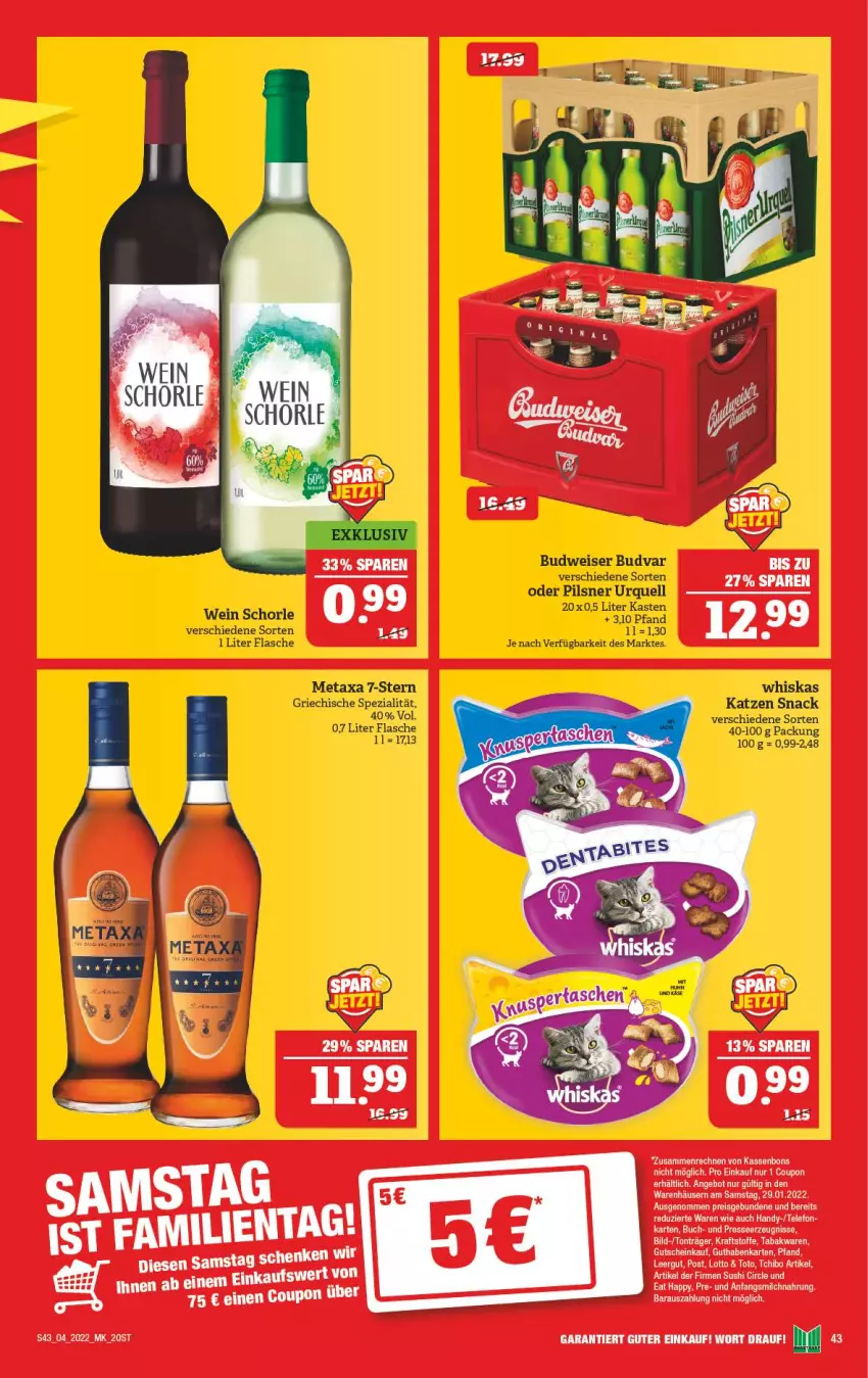 Aktueller Prospekt Marktkauf - Prospekt - von 23.01 bis 29.01.2022 - strona 47 - produkty: buch, budweiser, coupon, eis, flasche, guthabenkarte, gutschein, Handy, kraft, Metaxa, milch, pils, pilsner, pilsner urquell, schorle, snack, Spezi, Sushi, Tchibo, telefon, Ti, wein, whiskas