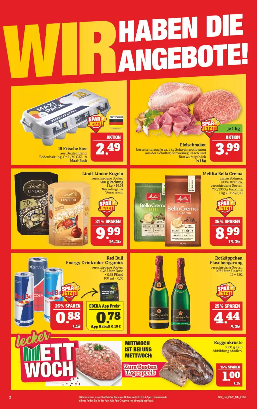 Aktueller Prospekt Marktkauf - Prospekt - von 23.01 bis 29.01.2022 - strona 6 - produkty: aktionspreis, bella crema, bohne, bohnen, braten, bratwurst, coupon, coupons, deka, drink, eier, eis, energy drink, flasche, gulasch, Kugel, lindor, lindt, melitta, Mett, nero, nuss, red bull, reis, rollbraten, rotkäppchen, schwein, schweine, schweinegulasch, Schweinerollbraten, Ti, wein, weine, wurst