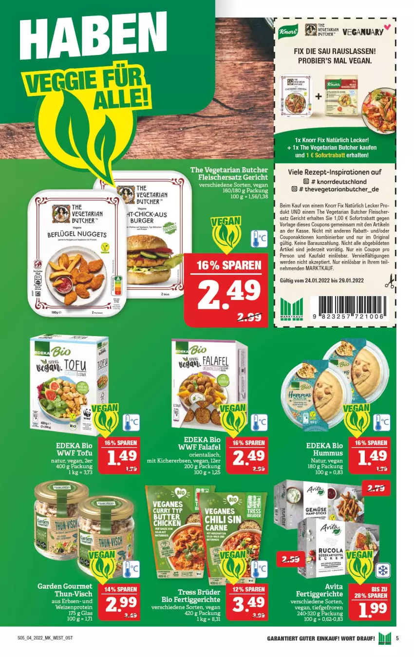 Aktueller Prospekt Marktkauf - Prospekt - von 23.01 bis 29.01.2022 - strona 9 - produkty: bier, bio, burger, cola, coupon, coupons, deka, edeka bio, eis, erbsen, erde, fertiggericht, fertiggerichte, fleisch, garden gourmet, gin, hummus, kartoffel, knorr, knorr fix, natur, nuggets, rezept, Ria, rucola, Sofa, sofortrabatt, The Vegetarian Butcher, Ti, Tofu, tuc, Vegeta