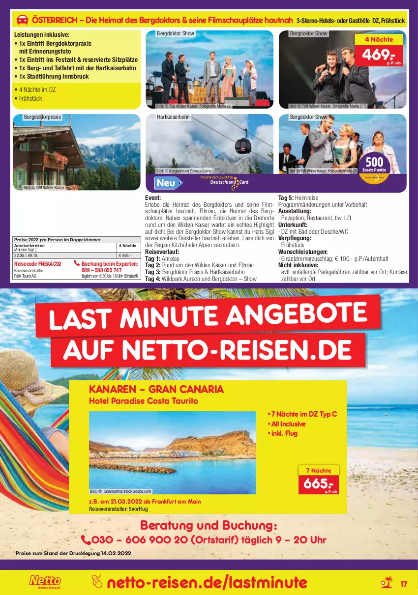 Aktueller Prospekt Netto Marken-Discount - Reise-Angebote März - von 25.02 bis 31.03.2022 - strona 17 - produkty: angebot, angebote, anreisetermine, axe, Bad, buch, dusche, eis, elle, Kaiser, kurtaxe, reis, reiseveranstalter, reiseverlauf, rezept, Ria, teller, Ti, uhr, Wild, Zelt