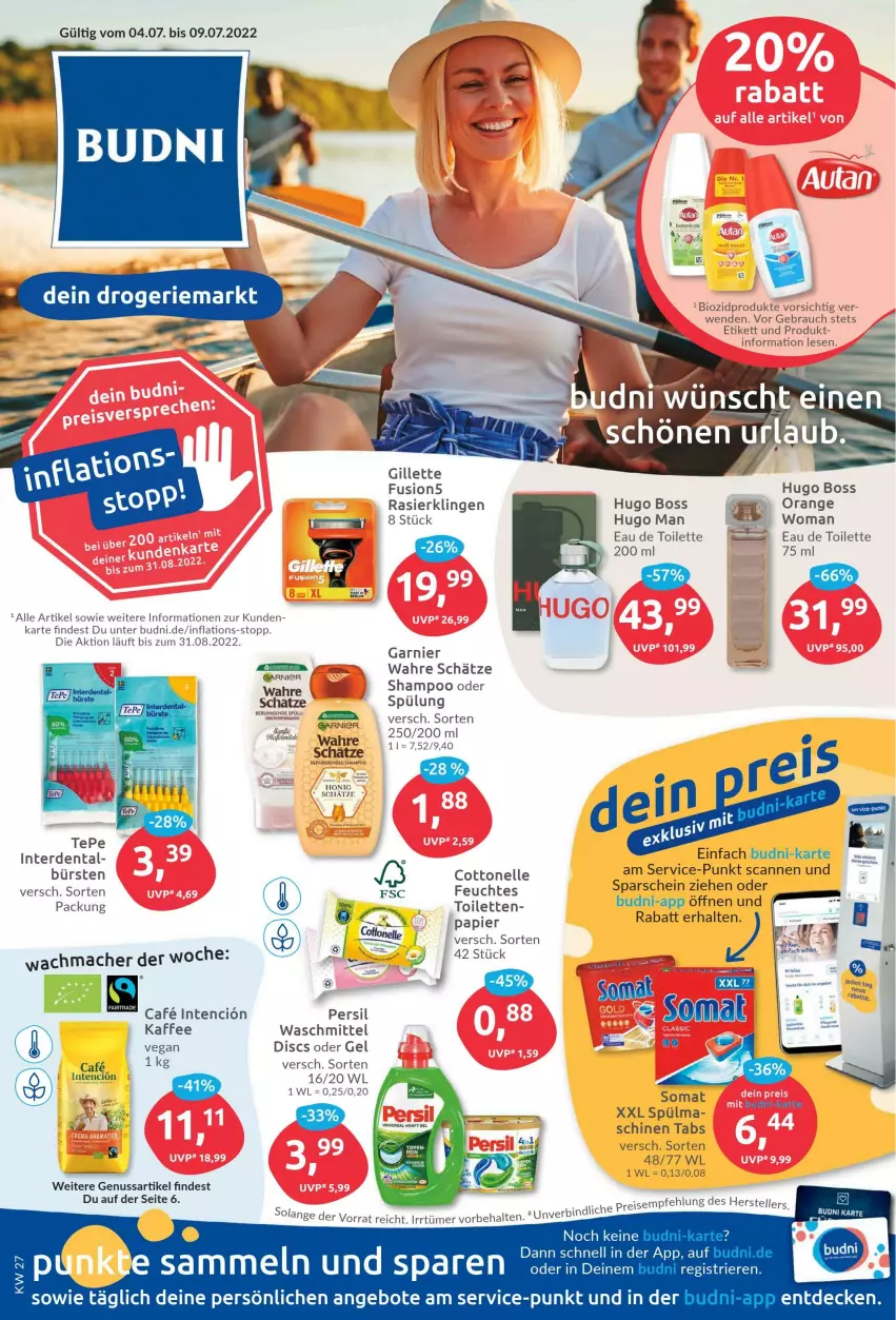 Aktueller Prospekt Budni - Prospekte - von 04.07 bis 09.07.2022 - strona 1 - produkty: angebot, angebote, bio, biozidprodukte, boss, bürste, bürsten, cottonelle, decke, eau de toilette, eis, elle, erde, fusion5, garnier, gillette, honig, hugo, hugo boss, kaffee, mac, nuss, orange, persil, Rasierklinge, rasierklingen, Rauch, reis, shampoo, shampoo oder spülung, Sharp, somat, spülung, Ti, Wahre Schätze, waschmittel