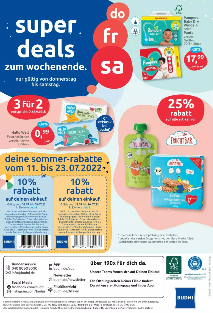 Aktueller Prospekt Budni - Prospekte - von 04.07 bis 09.07.2022 - strona 8 - produkty: auer, bio, blume, blumen, coupon, coupons, drucker, eis, elle, Engel, feuchttücher, gutschein, kerze, Metro, milch, Omep, pampers, pampers baby dry, Pants, Reinigung, reis, ring, Soda, Tchibo, telefon, teller, Ti, trolli, tücher, windeln, windeln oder pants, Yo, ZTE, zucker