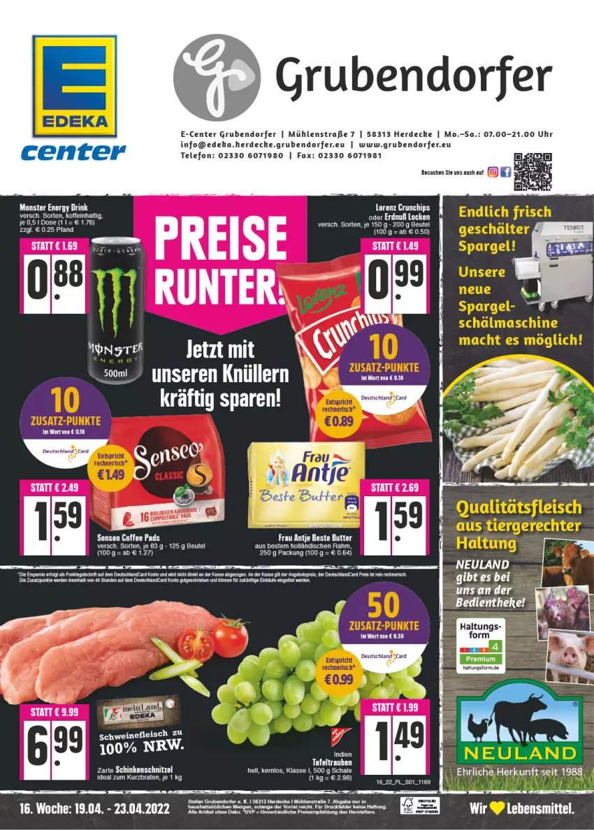 Aktueller Prospekt E Center - Angebote der Woche - von 18.04 bis 23.04.2022 - strona 1 - produkty: angebot, angebotspreis, beste butter, beutel, butter, chips, crunchips, decke, deka, deutschlandcard, eis, ente, erde, lebensmittel, LG, lorenz, lorenz crunchips, reis, Schal, Schale, schinken, schwein, schweine, senseo, tafeltrauben, telefon, Ti, trauben, uhr, wein, weine