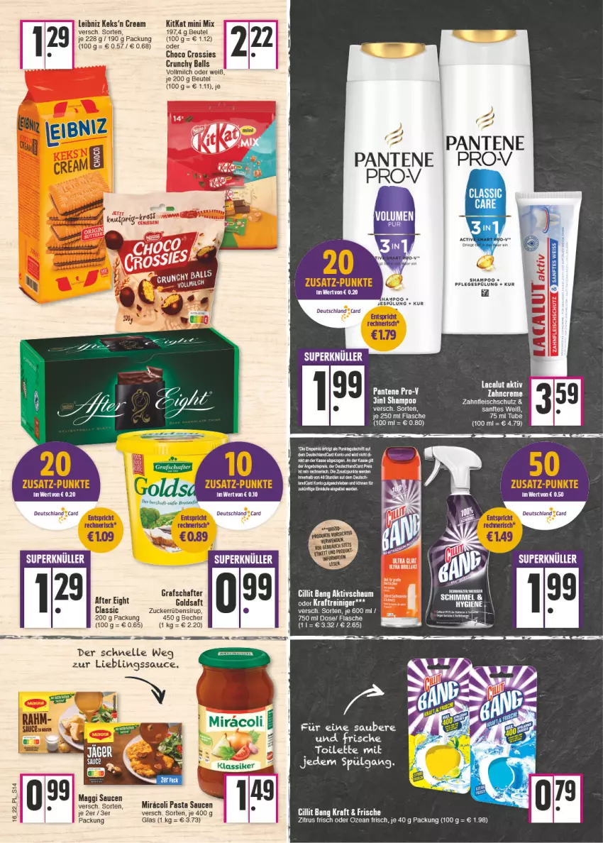 Aktueller Prospekt E Center - Angebote der Woche - von 18.04 bis 23.04.2022 - strona 14 - produkty: after eight, ball, Becher, beutel, choco crossies, creme, crossies, deutschland card, eis, elle, epson, erde, flasche, fleisch, goldsaft, grafschafter, keks, kitkat, kraft, Lacalut, leibniz, mab, maggi, milch, pantene, pasta, Pasta Sauce, Pflegespülung, saft, sauce, saucen, shampoo, sirup, spülung, Ti, vollmilch, zahncreme, zucker