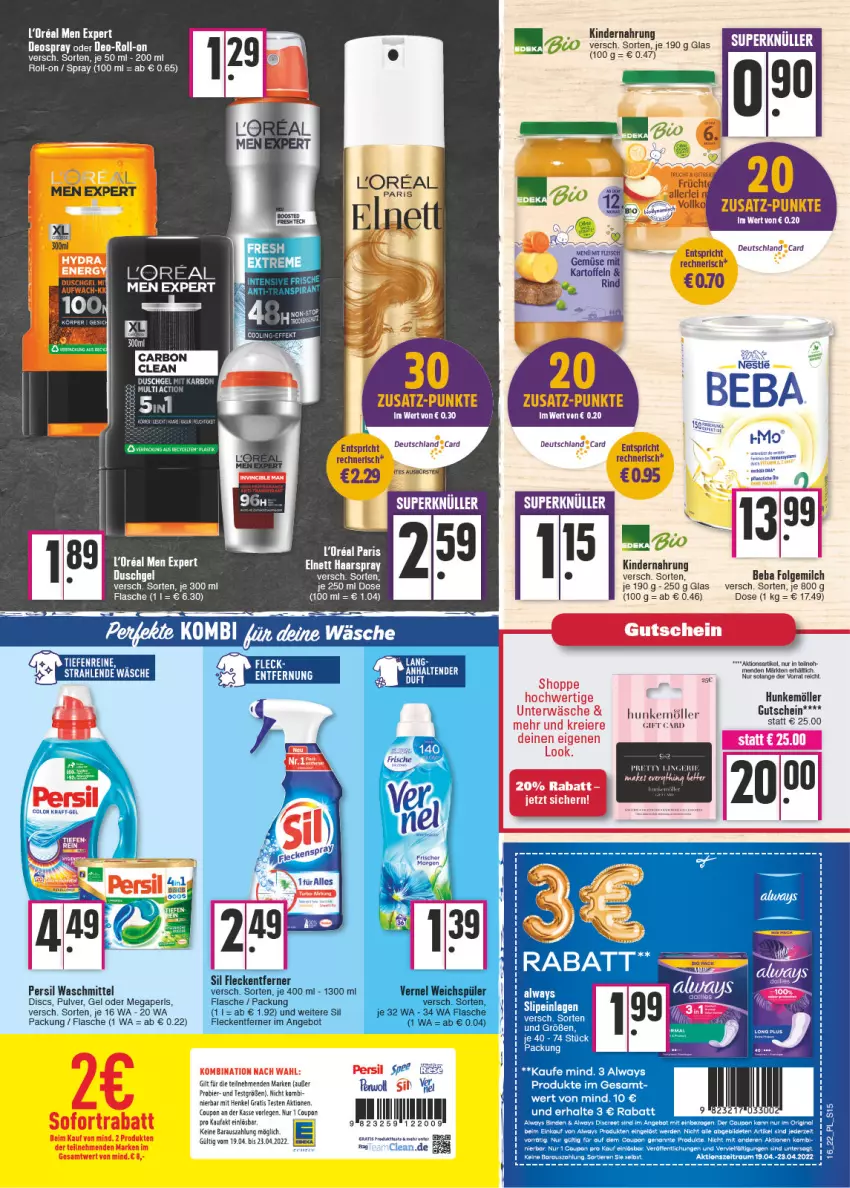 Aktueller Prospekt E Center - Angebote der Woche - von 18.04 bis 23.04.2022 - strona 15 - produkty: angebot, asti, Beba, bier, bio, coupon, deo, deospray, duschgel, eier, flasche, fleckentferner, folgemilch, gutschein, henkel, kartoffel, kartoffeln, Kinder, Kindernahrung, LG, milch, persil, persil waschmittel, rind, roll-on, tee, Ti, Unterwäsche, vernel, waschmittel, weichspüler, ZTE