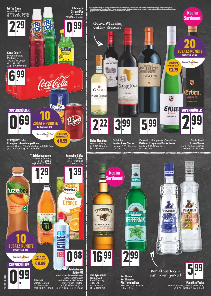 Aktueller Prospekt E Center - Angebote der Woche - von 18.04 bis 23.04.2022 - strona 8 - produkty: adelholzener, Alwa, drink, erde, flasche, fuze tea, gin, Holz, irish whiskey, leine, mineralwasser, natürliches mineralwasser, nuss, orange, Pinot, pinot grigio, säfte, single malt, tee, Ti, valensina, wasser, whiskey