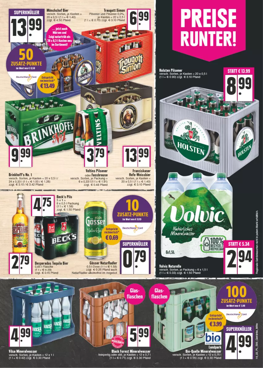 Aktueller Prospekt E Center - Angebote der Woche - von 18.04 bis 23.04.2022 - strona 9 - produkty: alkohol, Alwa, angebot, bier, bio, black forest, desperados, eis, elle, flasche, franziskaner, gösser, Hefe, holsten, holsten pilsener, lack, mineralwasser, mönchshof, natur, pils, pilsener, radler, sim, tequila, Ti, veltins, veltins pilsener, vilsa, wasser, weissbier