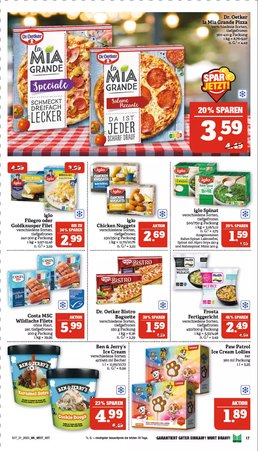 Aktueller Prospekt Marktkauf - Prospekt - von 30.07 bis 05.08.2023 - strona 17 - produkty: alpro, auer, baguette, Bau, Becher, Bistro Baguette, chicken nuggets, Dr. Oetker, eis, fertiggericht, filegro, filet, filets, frosta, iglo, lachs, Maus, nuggets, Paw Patrol, rahm-spinat, reis, soya, spinat, Ti, Wild, wildlachs, ZTE