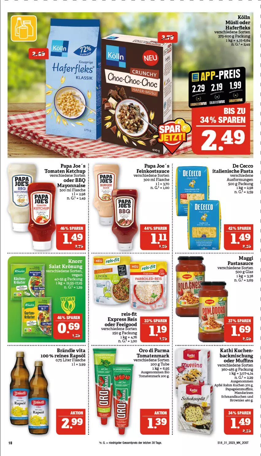 Aktueller Prospekt Marktkauf - Prospekt - von 30.07 bis 05.08.2023 - strona 18 - produkty: apfel, backmischung, bio, brownie, brownies, De Cecco, dip, ecco, eis, feinkost, flasche, hafer, haferfleks, italienische pasta, ketchup, kölln, kräuter, kuchen, mandarine, mandarinen, mayonnaise, Muffin, muffins, müsli, ndk, pasta, rapsöl, reines rapsöl, reis, reis-fit, sauce, schmand, tomate, tomaten, tomaten ketchup, tomatenmark, vita, Yo, ZTE