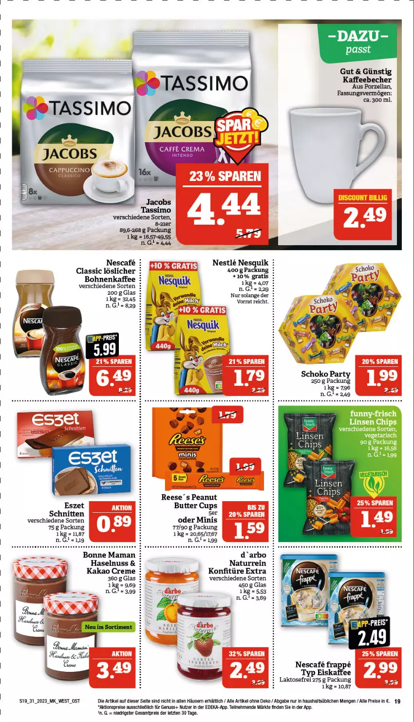 Aktueller Prospekt Marktkauf - Prospekt - von 30.07 bis 05.08.2023 - strona 19 - produkty: aktionspreis, Becher, bohne, bohnen, bohnenkaffee, bonne maman, butter, caffe, chips, creme, deka, eis, eiskaffee, haselnuss, kaffee, kaffeebecher, kakao, konfitüre, linsen, mam, natur, nescafe, nesquik, nuss, reis, schnitten, schoko, tee, Ti, Vegeta, wein, weine, ZTE