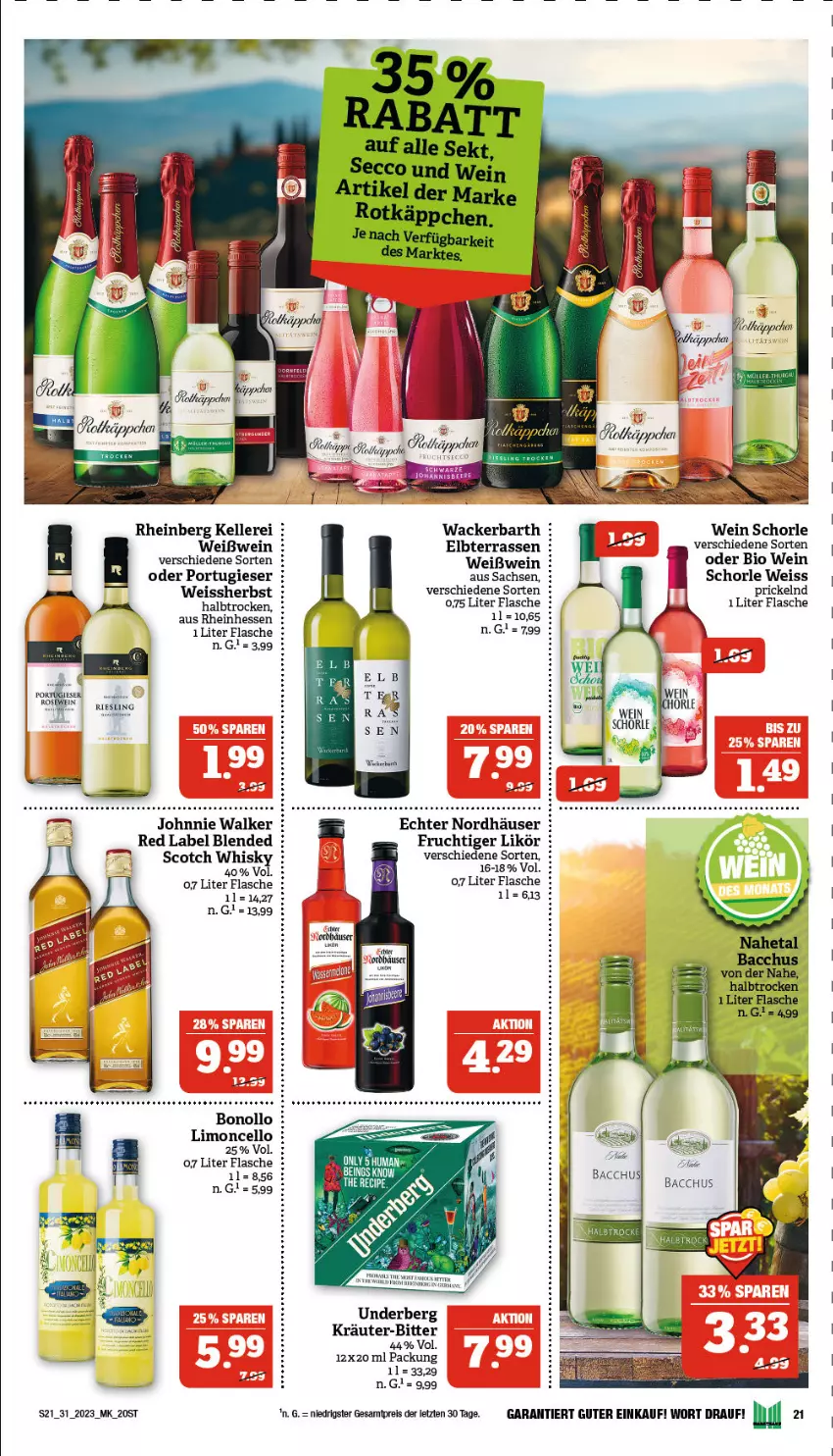 Aktueller Prospekt Marktkauf - Prospekt - von 30.07 bis 05.08.2023 - strona 21 - produkty: ACC, bio, eis, elle, flasche, frucht, johnnie walker, kräuter, likör, limo, reis, sac, schorle, scotch, scotch whisky, Ti, underberg, wein, Weißwein, whisky, ZTE