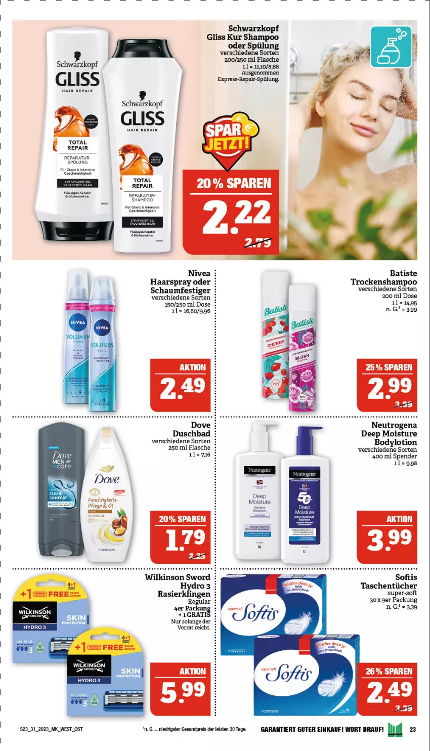 Aktueller Prospekt Marktkauf - Prospekt - von 30.07 bis 05.08.2023 - strona 23 - produkty: Bad, Blüte, body, bodylotion, dove, duschbad, eis, flasche, gliss, gliss kur, haarspray, Lotion, mac, Nektar, neutrogena, nivea, pool, Rasierklinge, rasierklingen, reis, schaumfestiger, schwarzkop, schwarzkopf, shampoo, spülung, Tasche, taschen, taschentücher, Ti, Trockenshampoo, tücher, wilkinson, ZTE