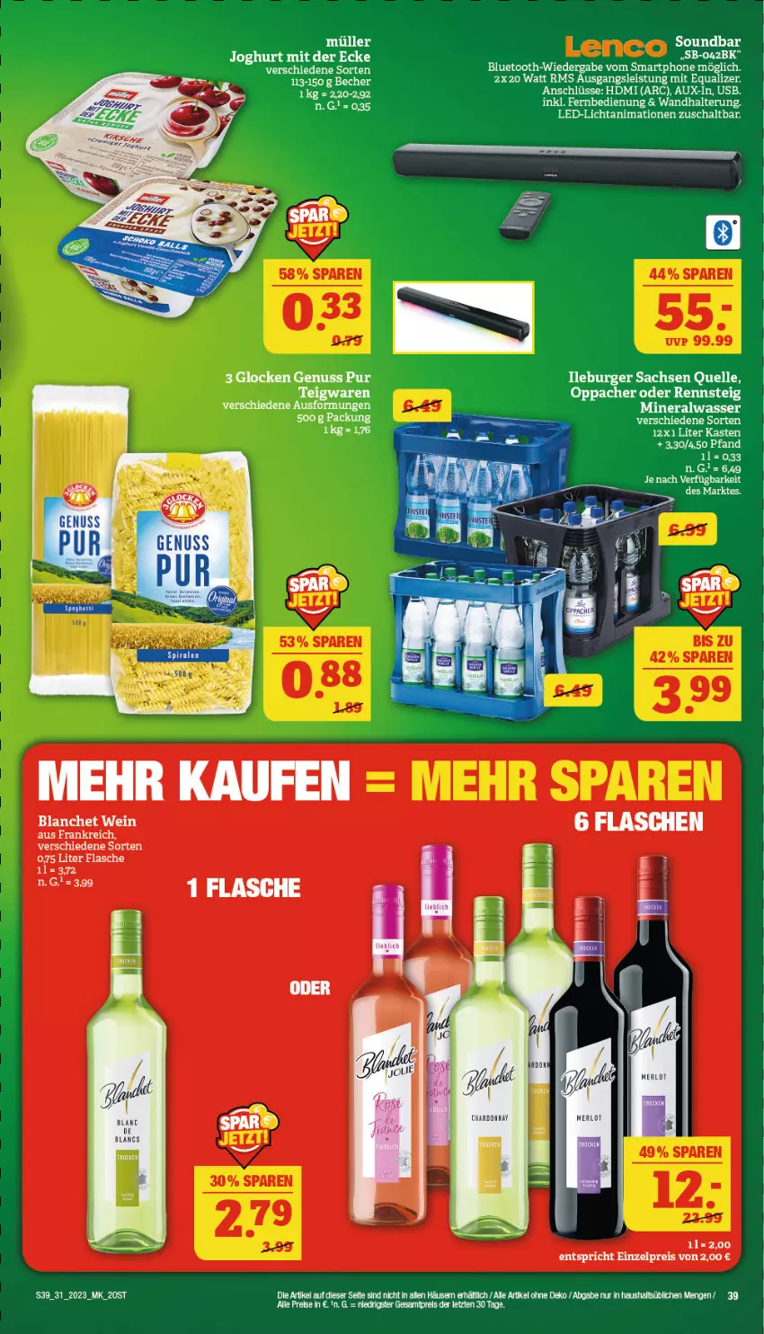 Aktueller Prospekt Marktkauf - Prospekt - von 30.07 bis 05.08.2023 - strona 39 - produkty: Alwa, Becher, eis, fernbedienung, flasche, HDMI, joghur, joghurt, joghurt mit der ecke, led-licht, merl, merlot, mineralwasser, nuss, reis, Schal, smartphone, soundbar, Ti, usb, wandhalterung, wasser, wein