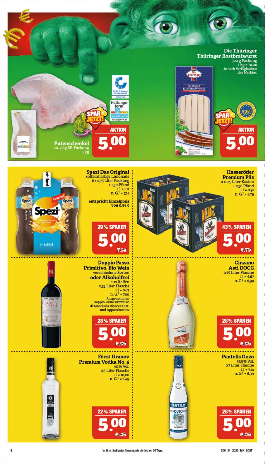 Aktueller Prospekt Marktkauf - Prospekt - von 30.07 bis 05.08.2023 - strona 6 - produkty: alkohol, asti, bio, bratwurst, cin, cinzano, Cinzano Asti, doppio passo, eier, eis, flasche, gin, hasseröder, ouzo, passo, pils, premium pils, premium vodka, primitivo, reis, Ria, riserva, rostbratwurst, sim, Spezi, tee, Ti, vodka, wein, wurst, ZTE