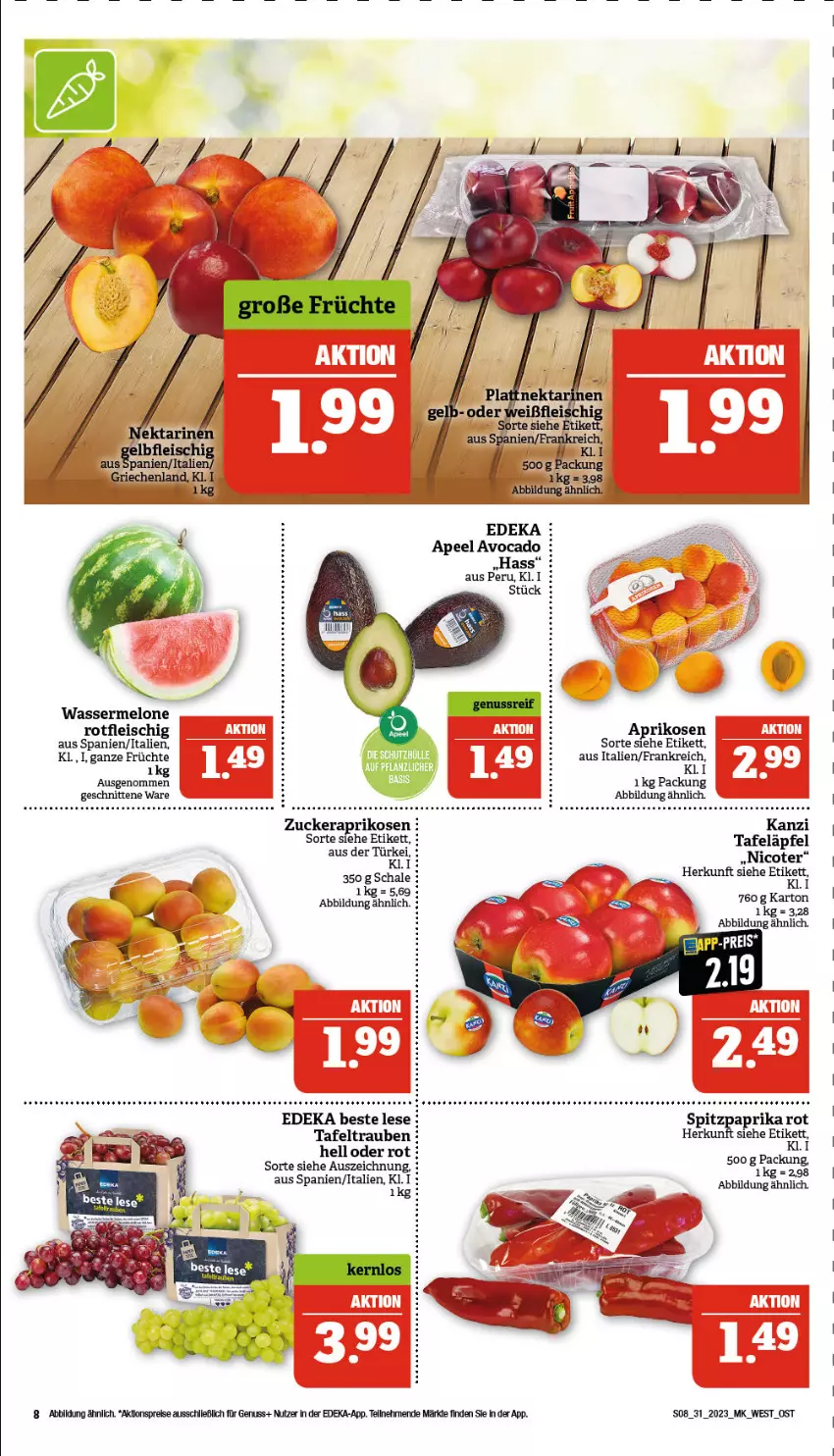 Aktueller Prospekt Marktkauf - Prospekt - von 30.07 bis 05.08.2023 - strona 8 - produkty: aktionspreis, aprikose, aprikosen, avocado, deka, eis, fleisch, früchte, melone, nuss, reis, schnitten, tafeläpfel, tafeltrauben, tee, Ti, trauben, wasser, wassermelone, zucker