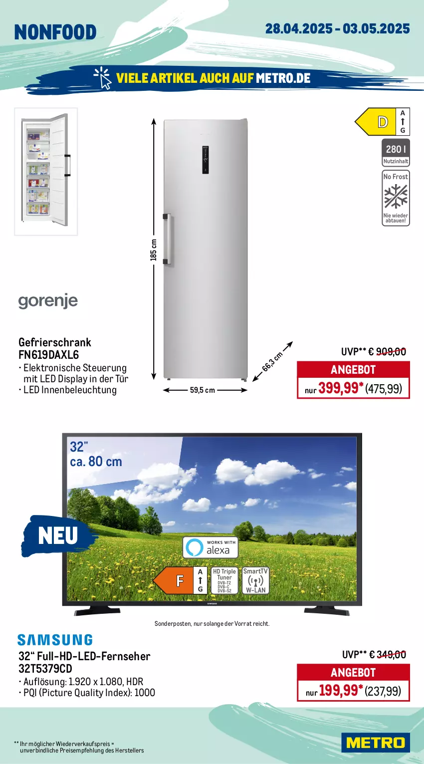 Aktueller Prospekt Metro - Wochen-Angebote - von 28.04 bis 03.05.2025 - strona 22 - produkty: angebot, beleuchtung, eis, Elektro, elle, fernseher, gefrierschrank, Metro, reis, Schrank, sonderposten, teller, Ti
