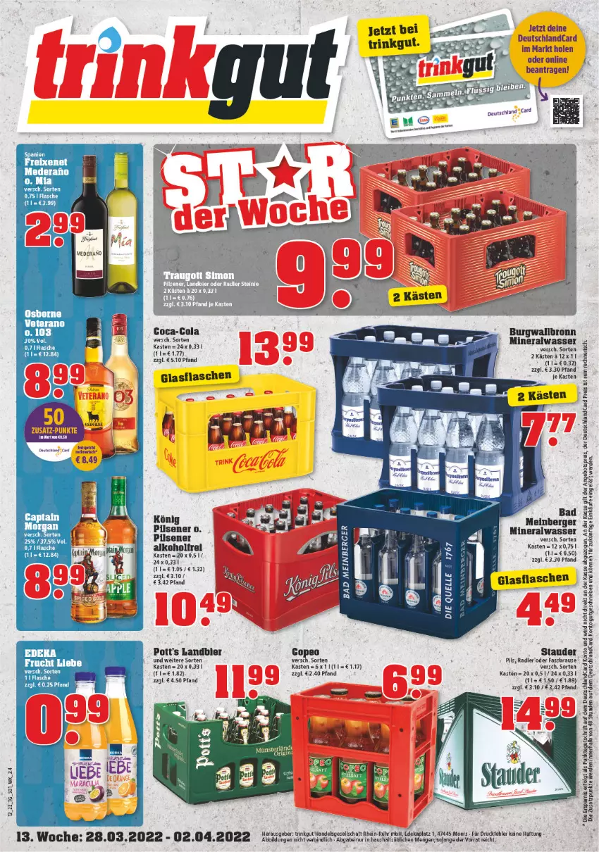 Aktueller Prospekt Trinkgut - von 28.03 bis 02.04.2022 - strona 1 - produkty: alkohol, Alwa, Bad, Berger, bier, brause, burgwallbronn, coca-cola, cola, deutschlandcard, eis, erde, fassbrause, flasche, freixenet, frucht, glasflasche, LG, mineralwasser, pils, pilsener, radler, reis, Ti, wasser