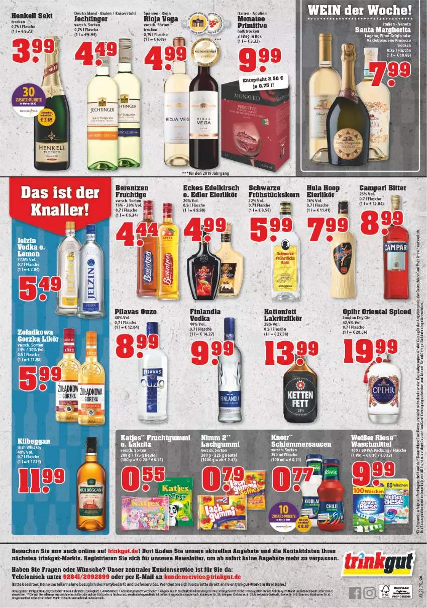 Aktueller Prospekt Trinkgut - von 28.03 bis 02.04.2022 - strona 4 - produkty: angebot, angebote, angebotspreis, Bad, berentzen, beutel, burgunder, deutschlandcard, ecco, eier, eierlikör, eis, elle, erde, flasche, frucht, fruchtgummi, henkel, henkell, henkell sekt, HP, Hula Hoop, Kaiser, katjes, Kette, knorr, korn, lachgummi, Lakritz, LG, lieferservice, likör, margherita, Nimm 2, ouzo, primitivo, prosecco, reis, rioja, sauce, saucen, schlemmersauce, schlemmersaucen, sekt, stuhl, telefon, Ti, uhr, valdo, vodka, waschmittel, wein