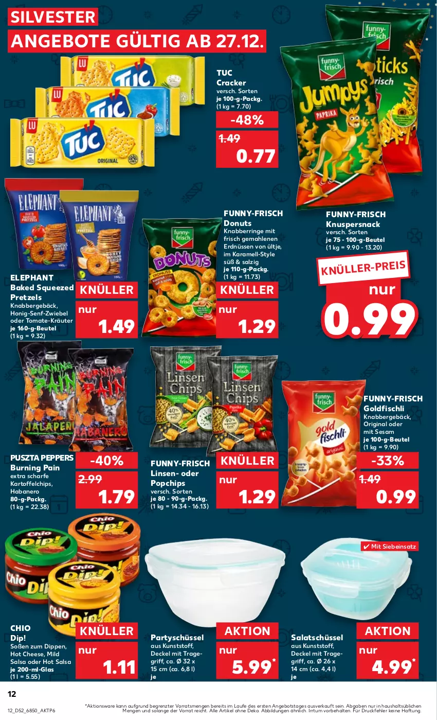 Aktueller Prospekt Kaufland - Prospekt - von 27.12.2023 bis 03.01.2024 - strona 12 - produkty: angebot, angebote, beutel, chips, cracker, decke, Deckel, dip, Donut, donuts, eis, erdnüsse, erdnüssen, fisch, funny-frisch, gin, Goldfischli, honig, Honig-Senf, karamell, kartoffel, kartoffelchips, kräuter, linsen, nero, Pretzel, ring, salat, Salsa, salz, schüssel, senf, sesam, snack, Soße, Ti, tomate, tragegriff, tuc, ültje, ZTE, zwiebel