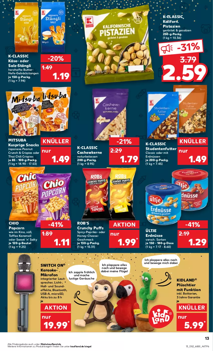 Aktueller Prospekt Kaufland - Prospekt - von 27.12.2023 bis 03.01.2024 - strona 13 - produkty: akku, angebot, angebote, Apple, batterie, batterien, beutel, butter, Cashew, cashewkerne, chili, ente, erdnüsse, erdnüssen, Hefe, karamell, Käse, Lusti, mac, microsd, natur, paprika, pistazien, Plüsch, popcorn, salz, snack, snacks, studentenfutter, Ti, ültje, ültje erdnüsse, usb