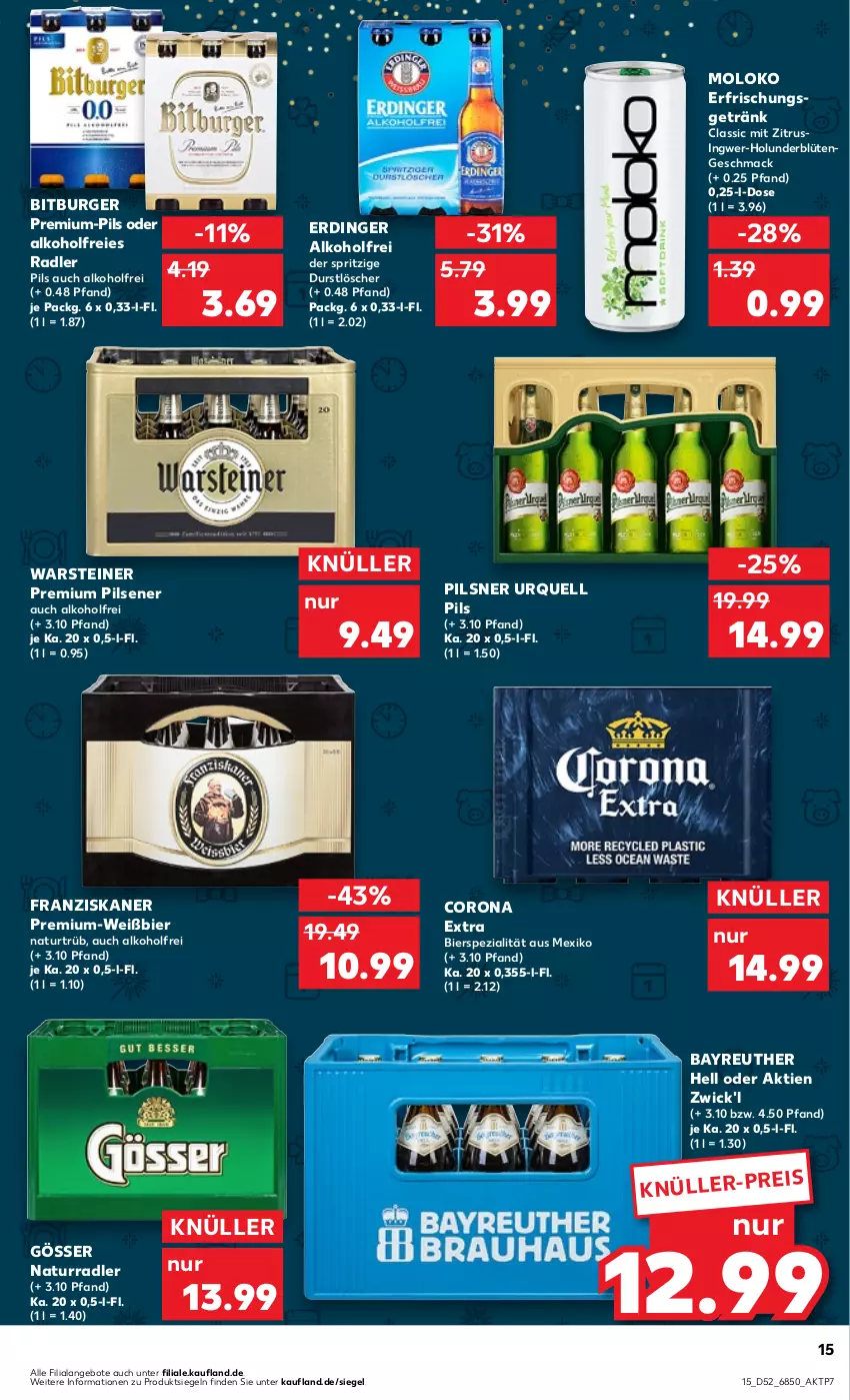 Aktueller Prospekt Kaufland - Prospekt - von 27.12.2023 bis 03.01.2024 - strona 15 - produkty: alkohol, angebot, angebote, bier, bitburger, Blüte, burger, corona, corona extra, durstlöscher, eis, erdinger, erfrischungsgetränk, franziskaner, getränk, gösser, holunder, holunderblüte, ingwer, mac, natur, pils, pilsener, pilsner, pilsner urquell, premium pils, radler, Spezi, steiner, Ti, warsteiner, WICK