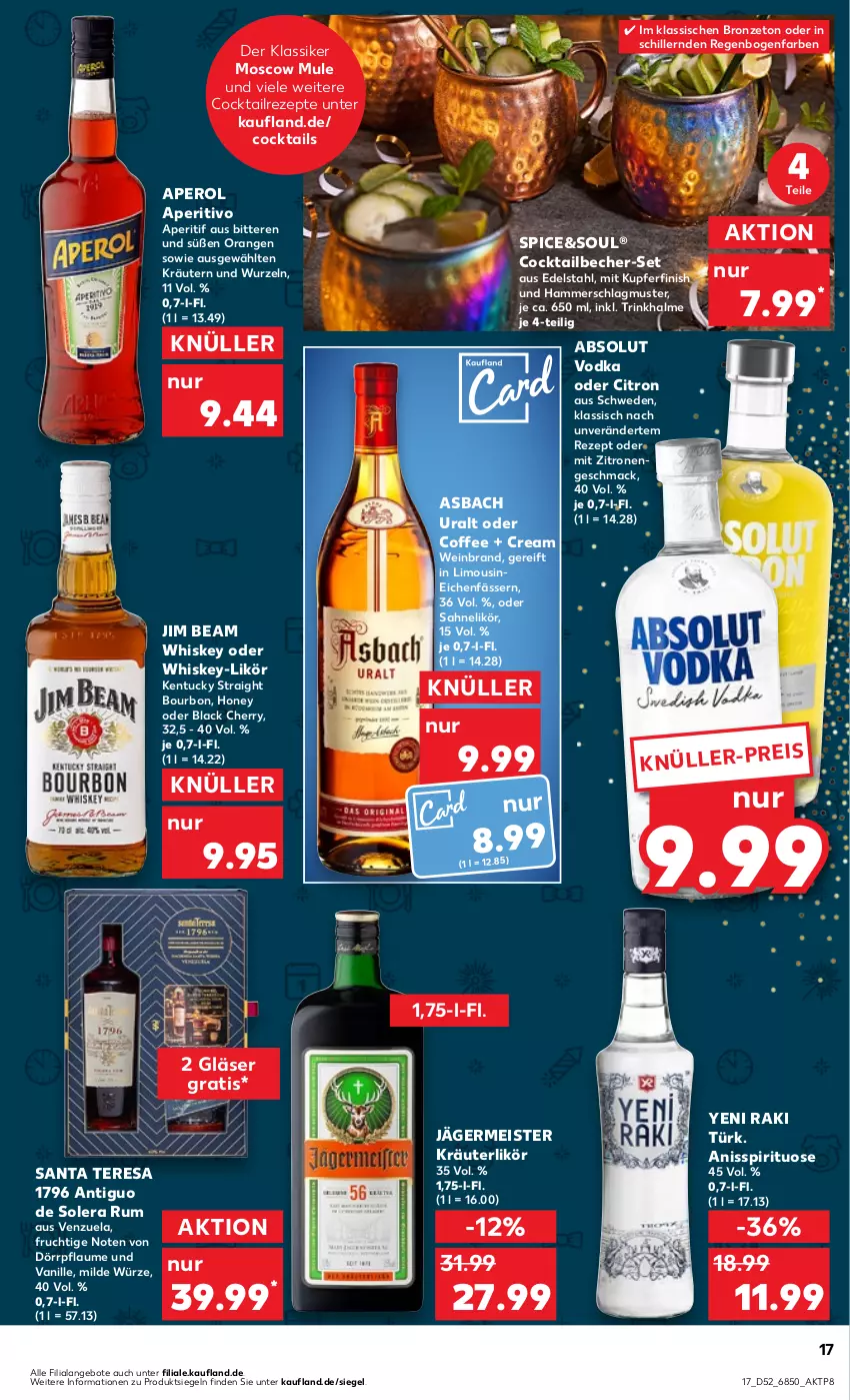 Aktueller Prospekt Kaufland - Prospekt - von 27.12.2023 bis 03.01.2024 - strona 17 - produkty: Absolut Vodka, angebot, angebote, aperitif, aperol, asbach uralt, Becher, bourbon, cocktail, cocktails, edelstahl, eis, Finish, frucht, Germ, Gläser, jägermeister, jim beam, kentucky straight, kräuter, kräuterlikör, kräutern, lack, likör, limo, mac, Meister, orange, orangen, pflaume, resa, rezept, rezepte, rum, sahne, Ti, Trinkhalme, tuc, vanille, vodka, wein, weinbrand, whiskey, yeni raki, zitrone, zitronen