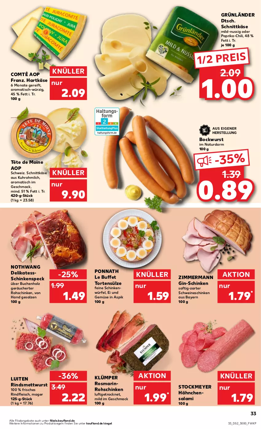 Aktueller Prospekt Kaufland - Prospekt - von 27.12.2023 bis 03.01.2024 - strona 33 - produkty: angebot, angebote, bockwurst, buch, chili, comté, eis, fleisch, gin, grünländer, hartkäse, Holz, Käse, mac, Mett, mettwurst, milch, natur, nuss, paprika, ponnath, reis, rind, rindfleisch, rohschinken, rosmarin, saft, salami, salz, schinken, schinkenspeck, schnittkäse, schwein, schweine, Speck, stockmeyer, Tête de Moine, Ti, tisch, torte, uhr, und gemüse, wein, weine, würfel, wurst