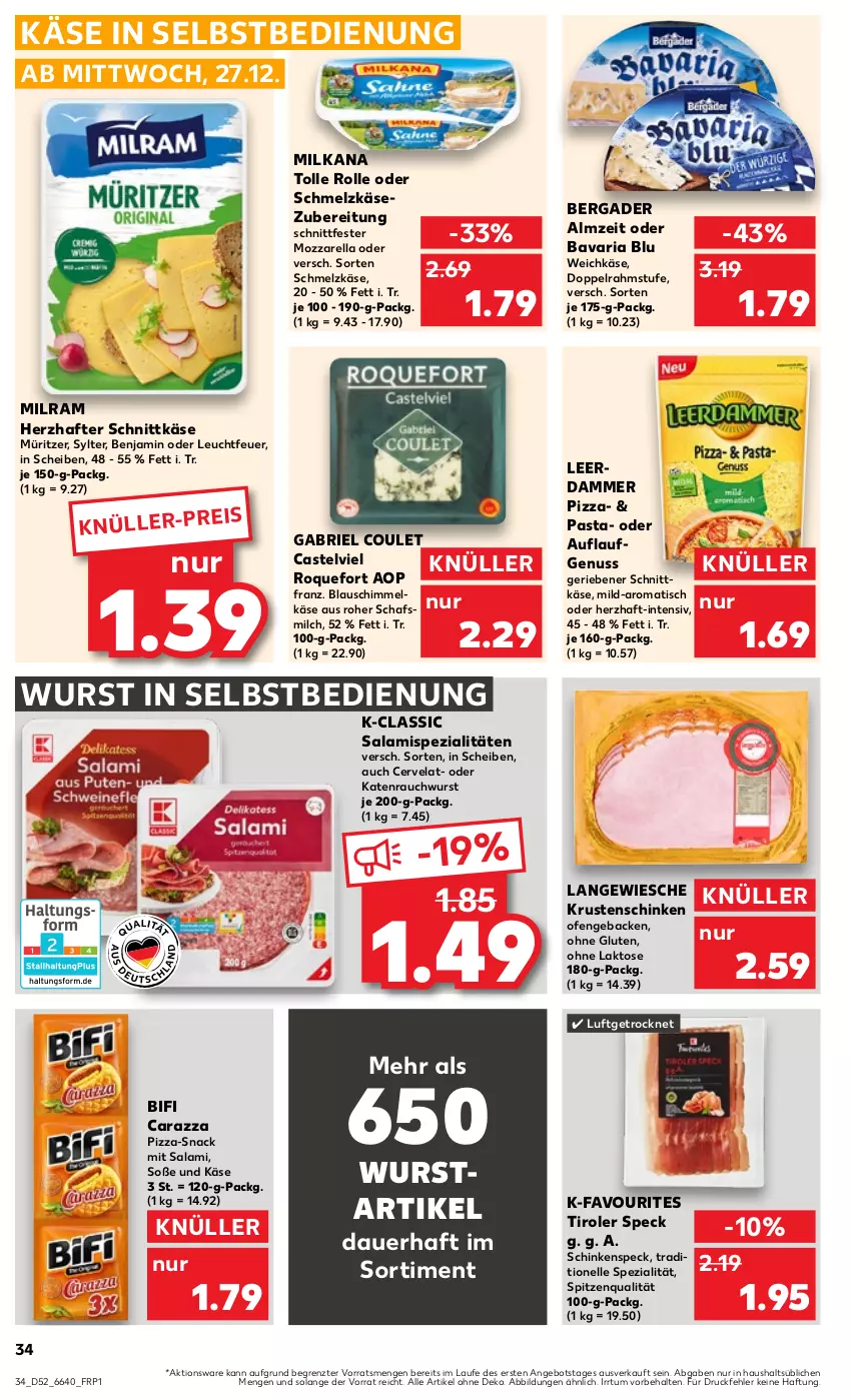 Aktueller Prospekt Kaufland - Prospekt - von 27.12.2023 bis 03.01.2024 - strona 34 - produkty: angebot, auer, bavaria blu, bergader, bifi, brie, doppelrahmstufe, eis, elle, Elvie, geback, Käse, Krustenschinken, leerdammer, milch, milka, milkana, milram, mozzarella, nuss, Ofen, pasta, pizza, Rauch, rel, Ria, salami, schinken, schinkenspeck, Schmelzkäse, schmelzkäsezubereitung, schnittkäse, snack, Soße, Speck, Spezi, spitzenqualität, Sylter, Ti, tisch, weichkäse, wurst, wurst in selbstbedienung, ZTE