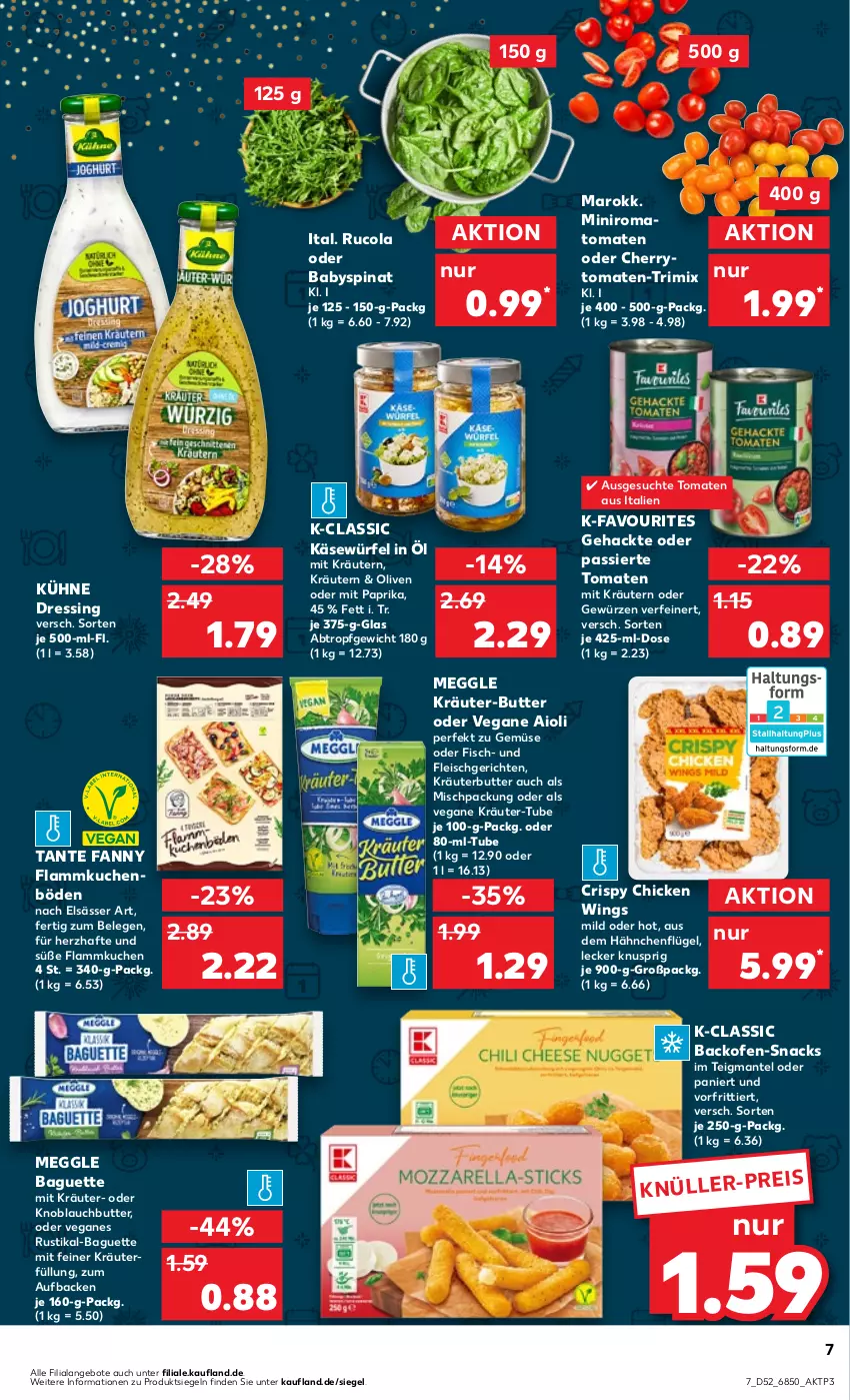 Aktueller Prospekt Kaufland - Prospekt - von 27.12.2023 bis 03.01.2024 - strona 7 - produkty: aioli, angebot, angebote, Babyspinat, backofen, baguette, butter, cherrytomaten, chicken wings, cola, dressing, eis, elsässer art, fisch, flammkuchen, fleisch, gewürz, hähnchenflügel, HP, Käse, knoblauch, Knoblauchbutter, kräuter, kräuter-butter, kräuterbutter, kräutern, kuchen, Kühne, lamm, Mantel, meggle, mit paprika, Ofen, olive, oliven, paprika, Romatomaten, rucola, snack, snacks, spinat, tante fanny, Ti, tomate, tomaten, würfel