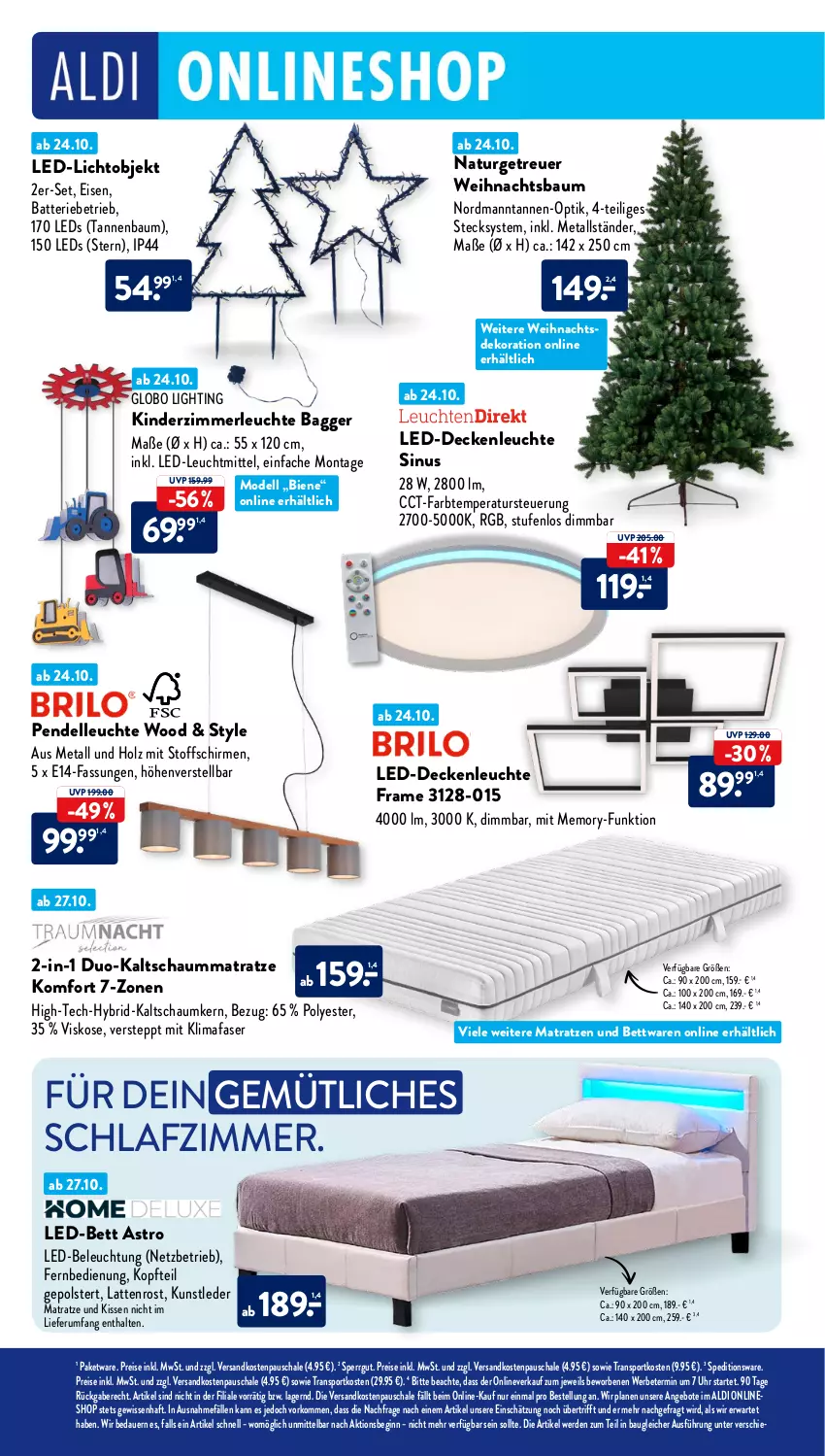 Aktueller Prospekt AldiSud - IN ZWEI WOCHEN - von 24.10 bis 29.10.2022 - strona 10 - produkty: aldi, angebot, angebote, auer, batterie, Bau, beleuchtung, bett, decke, deckenleuchte, dekoration, dell, eis, elle, erde, fernbedienung, gin, Holz, kaltschaummatratze, Kinder, Kinderzimmer, kissen, latte, lattenrost, led-beleuchtung, led-deckenleuchte, led-licht, leds, Leuchte, leuchtmittel, matratze, matratzen, merl, Mode, natur, ndk, Pendelleuchte, reis, rum, Schal, Schale, Schaummatratze, schirme, schlafzimmer, Sport, Tannenbaum, Ti, uhr, Weihnachtsbaum