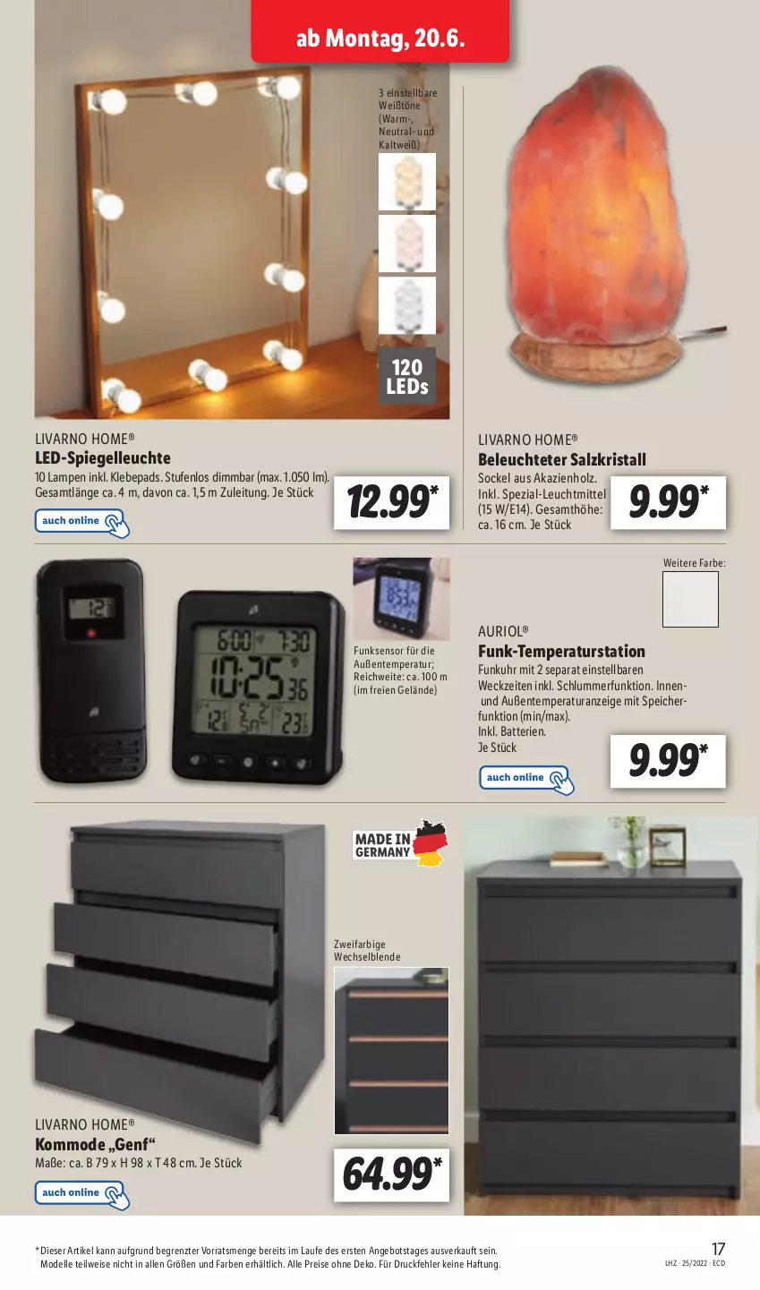 Aktueller Prospekt Lidl - Aktionsprospekt - von 20.06 bis 25.06.2022 - strona 17 - produkty: angebot, batterie, batterien, dell, eis, elle, ente, Holz, kommode, Lampe, leds, Leuchte, leuchtmittel, Mode, reis, salz, Spezi, spiegel, Ti, uhr, weck, ZTE