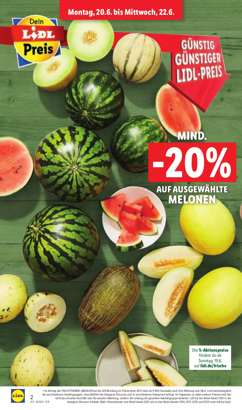 Aktueller Prospekt Lidl - Aktionsprospekt - von 20.06 bis 25.06.2022 - strona 2 - produkty: Abtei, aktionspreis, angebot, discount, eis, frucht, früchte, magazin, melone, melonen, obst, reis, Ti, und gemüse