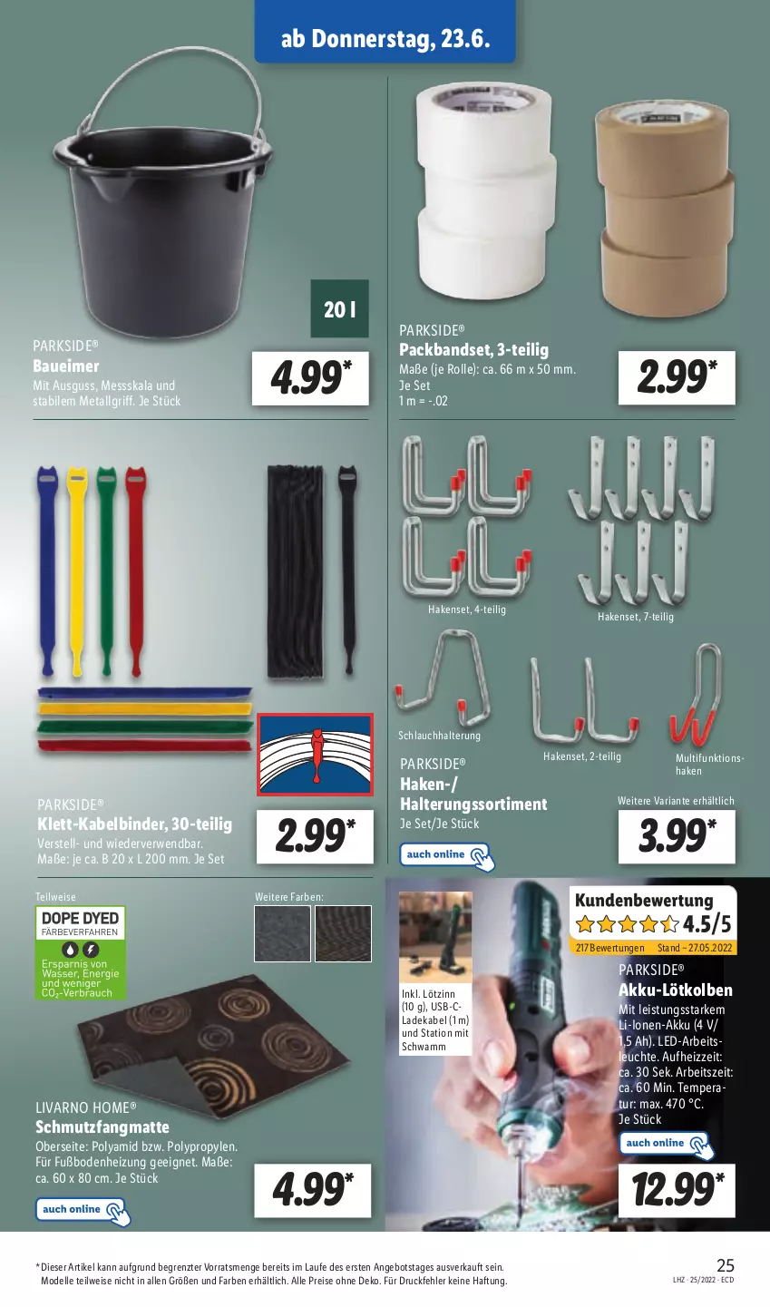 Aktueller Prospekt Lidl - Aktionsprospekt - von 20.06 bis 25.06.2022 - strona 25 - produkty: akku, angebot, Arbeitsleuchte, Bau, Baueimer, deka, dell, eimer, eis, elle, ladekabel, Leuchte, LG, Mode, Packband, Parkside, reis, Ria, rwe, schlauch, schmutzfangmatte, schwamm, shake, Ti, usb, ZTE