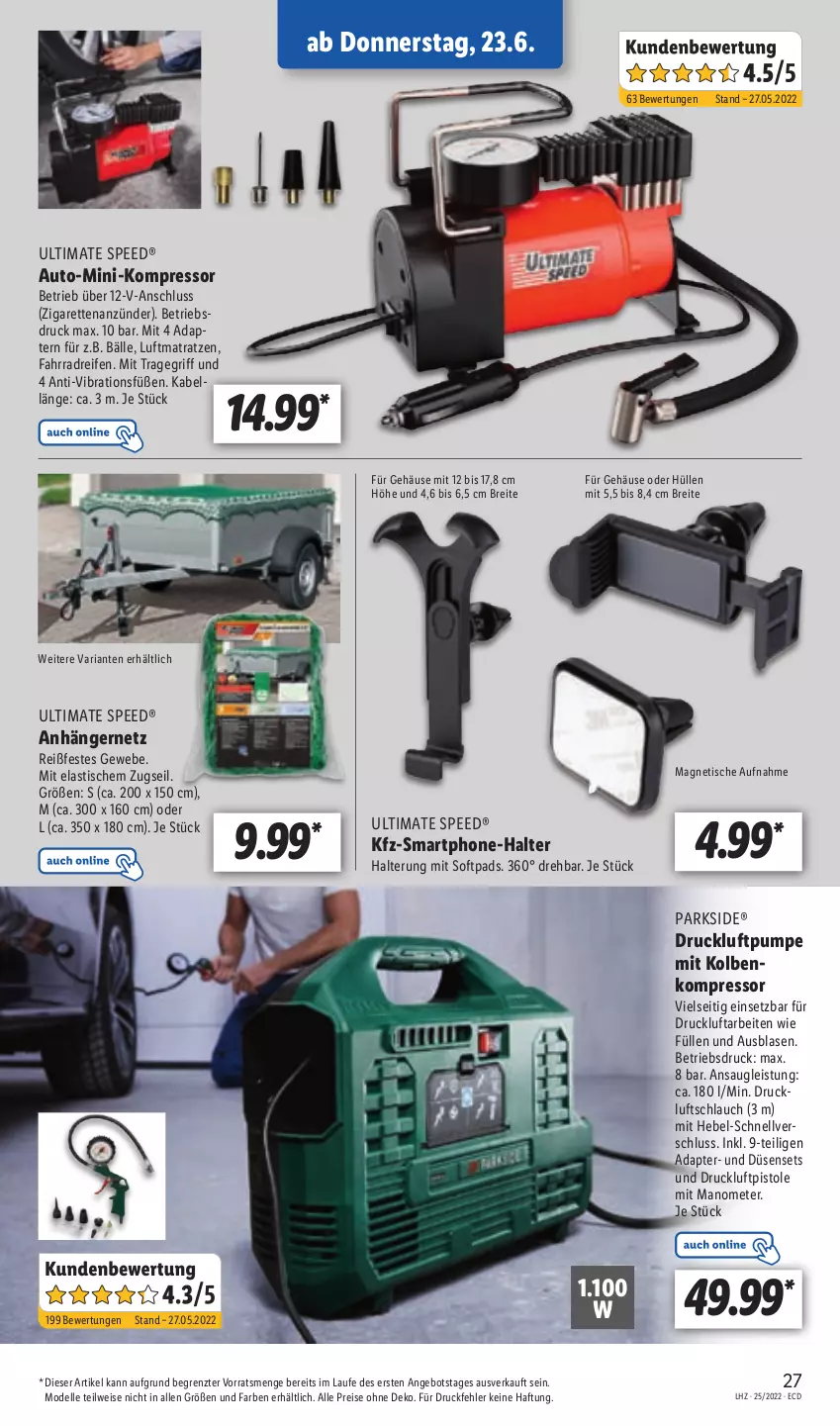 Aktueller Prospekt Lidl - Aktionsprospekt - von 20.06 bis 25.06.2022 - strona 27 - produkty: adapter, angebot, Anhänger, anzünder, asti, auto, Brei, dell, eis, elle, Fahrrad, kompressor, luftmatratze, matratze, matratzen, Mode, Parkside, reifen, reis, Ria, schlauch, smartphone, spee, Ti, tisch, tragegriff, usb, ZTE