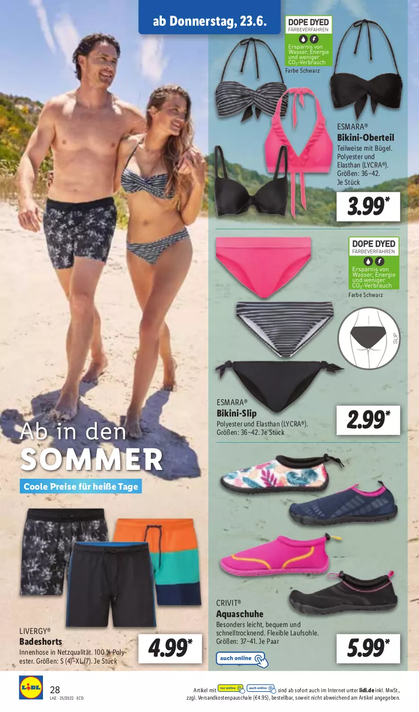 Aktueller Prospekt Lidl - Aktionsprospekt - von 20.06 bis 25.06.2022 - strona 28 - produkty: aqua, Bad, badeshorts, bikini, bügel, crivit, eis, esmara, hose, livergy, ndk, reis, Schal, Schale, schuhe, shorts, slip, Ti