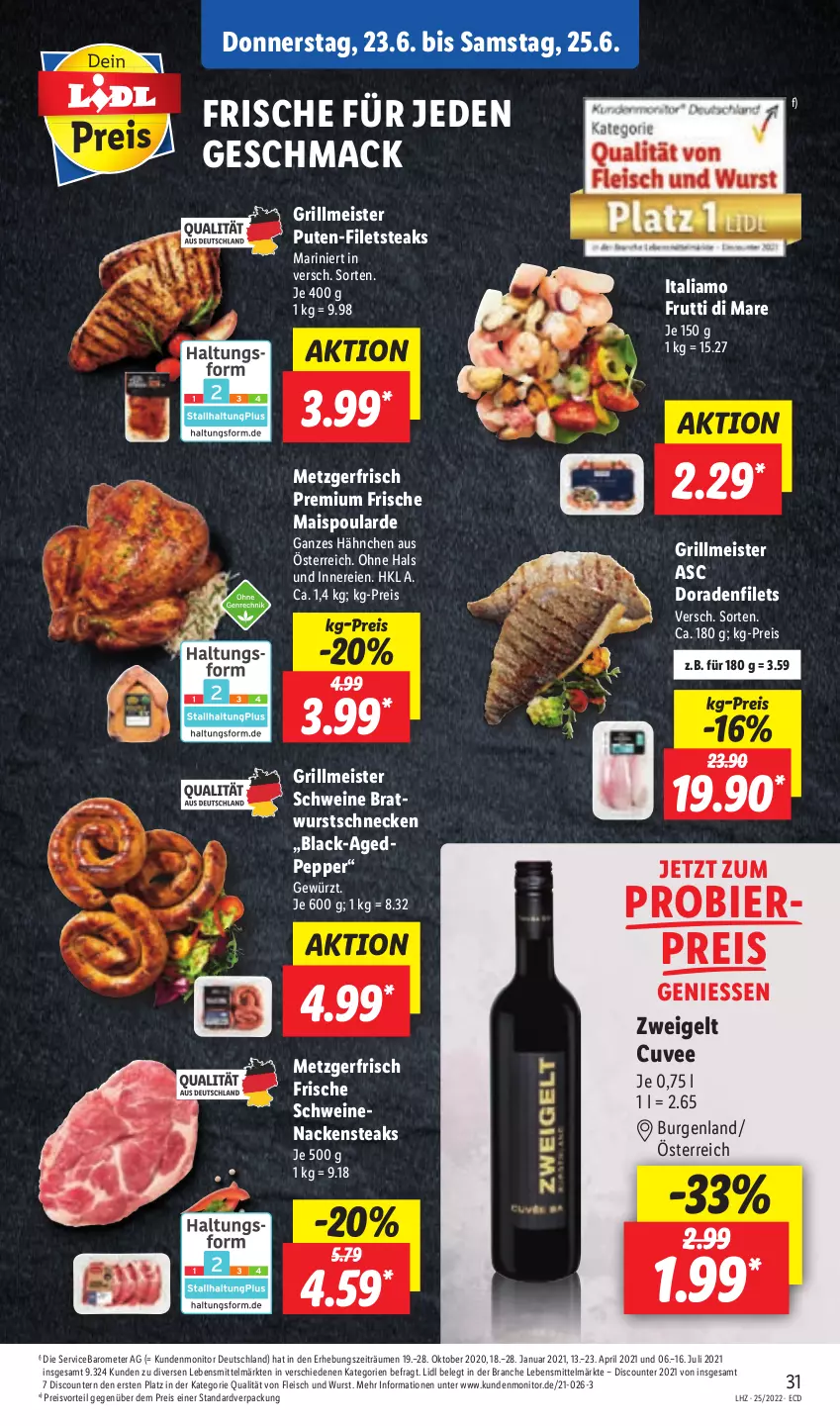 Aktueller Prospekt Lidl - Aktionsprospekt - von 20.06 bis 25.06.2022 - strona 31 - produkty: bier, bratwurst, discount, Dorade, eis, filet, filets, fleisch, frutti di mare, gewürz, grill, italiamo, lack, lebensmittel, mac, mais, Meister, monitor, Nackensteak, nackensteaks, preisvorteil, pril, pute, reis, schwein, schweine, schweinenacken, steak, steaks, Ti, wein, weine, wurst, Zweigelt