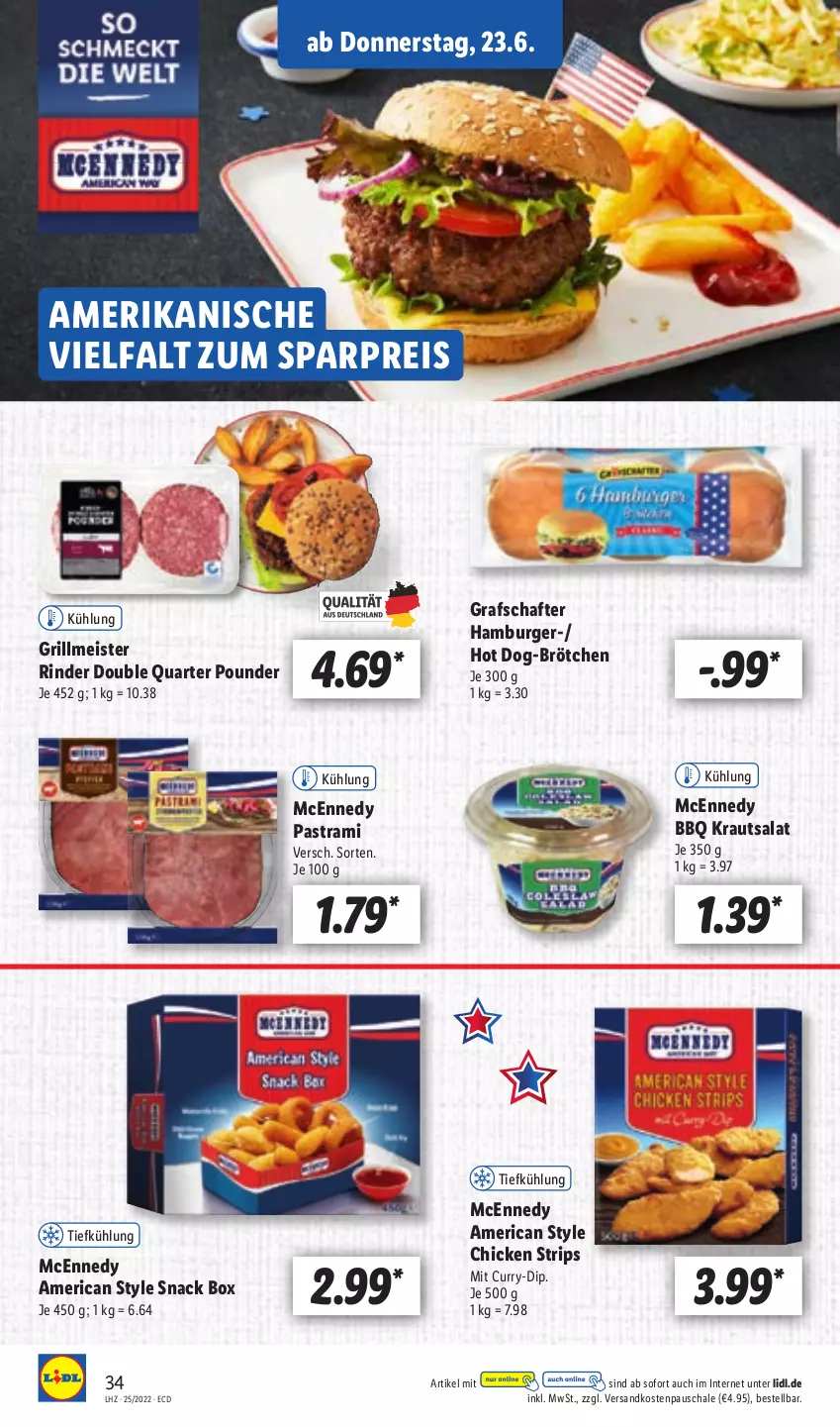 Aktueller Prospekt Lidl - Aktionsprospekt - von 20.06 bis 25.06.2022 - strona 34 - produkty: Astra, brötchen, burger, curry, dip, eis, grafschafter, grill, hamburger, hot dog, Kraut, krautsalat, mcennedy, Meister, ndk, pastrami, reis, rind, rinder, salat, Schal, Schale, snack, Ti