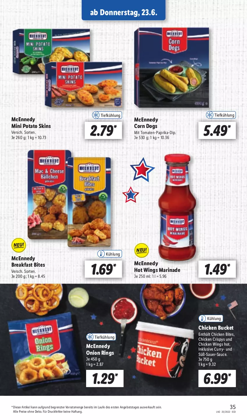 Aktueller Prospekt Lidl - Aktionsprospekt - von 20.06 bis 25.06.2022 - strona 35 - produkty: angebot, auer, bites, chicken wings, curry, dip, eis, marinade, mcennedy, paprika, reis, ring, sauce, Ti, tomate, tomaten, ZTE