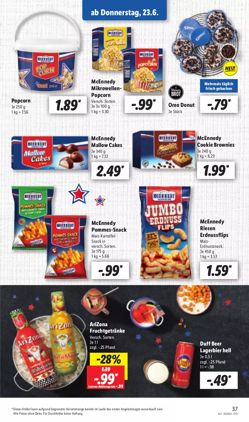 Aktueller Prospekt Lidl - Aktionsprospekt - von 20.06 bis 25.06.2022 - strona 37 - produkty: aktionspreis, angebot, bier, brot, brownie, brownies, cookie, Donut, eis, elle, erdnuss, frucht, geback, getränk, getränke, kartoffel, Lagerbier, mais, mcennedy, mikrowelle, nuss, oreo, pommes, popcorn, reis, snack, Ti, ZTE