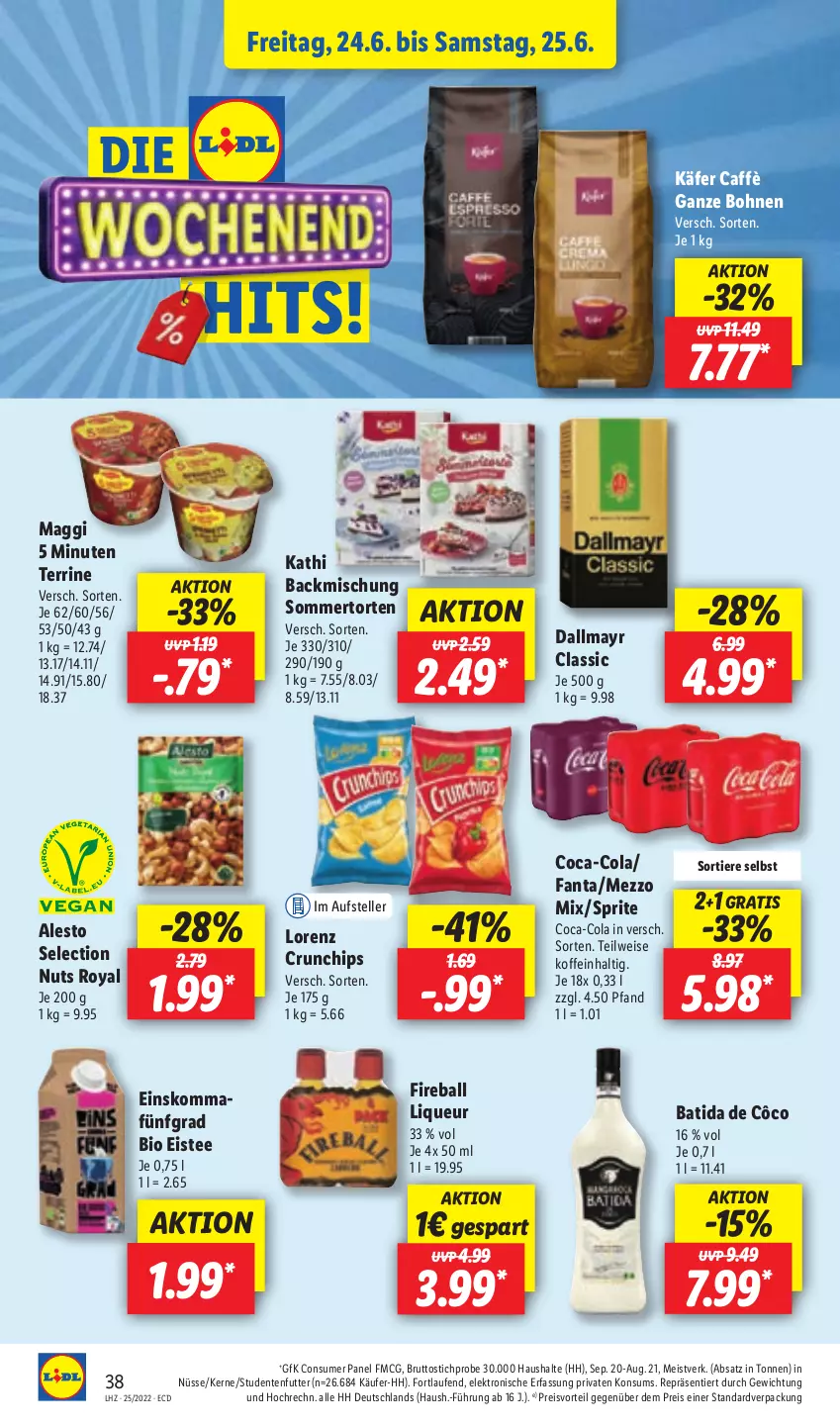 Aktueller Prospekt Lidl - Aktionsprospekt - von 20.06 bis 25.06.2022 - strona 38 - produkty: alesto, backmischung, ball, batida, batida de côco, bio, bohne, bohnen, brut, chips, coca-cola, cola, crunchips, dallmayr, eis, eistee, Elektro, elle, ente, fanta, HP, käfer, Laufen, liqueur, lorenz, lorenz crunchips, maggi, Mezzo Mix, preisvorteil, reis, sprite, studentenfutter, tee, teller, terrine, Ti, Tiere, torte